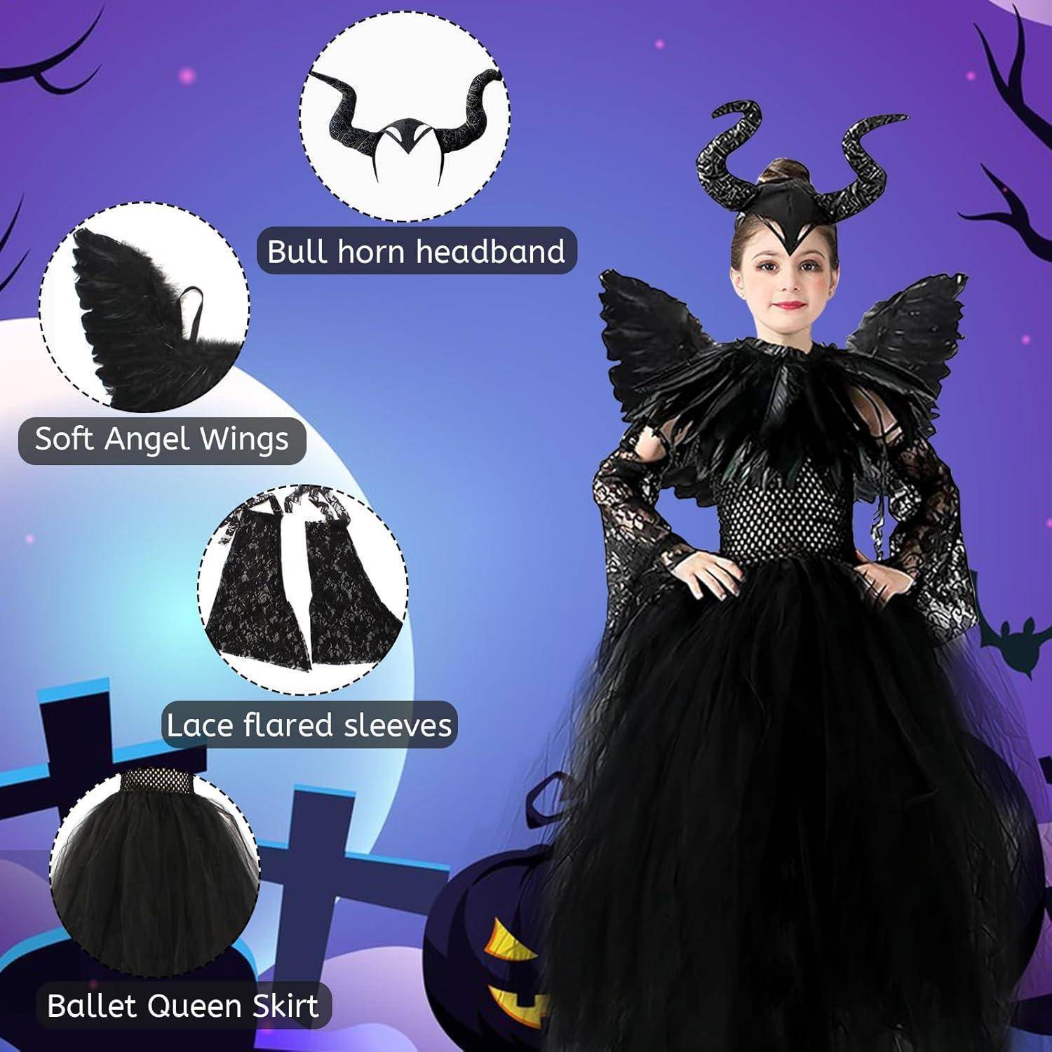 Ein Kind in einem schwarzen Kleid mit Stierhornhaarband, weichen Engelsflügeln, Ärmeln aus Spitze mit weitem Schnitt und einem Ballettköniginnen-Rock. Violetter Hintergrund.