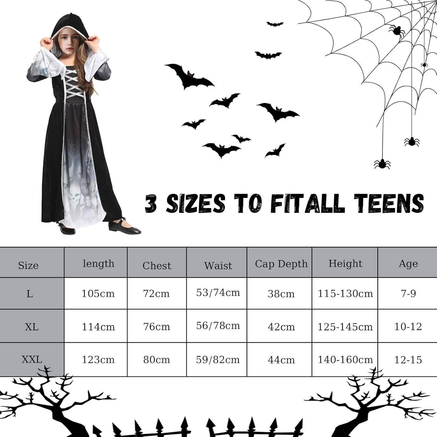 Eine Person in einem schwarz-weißen Kostüm, umgeben von Fledermäusen und Spinnweben. Tabelle zeigt Kleidergrößen S, XL, XXL für Körpergrößen 115-155 cm.