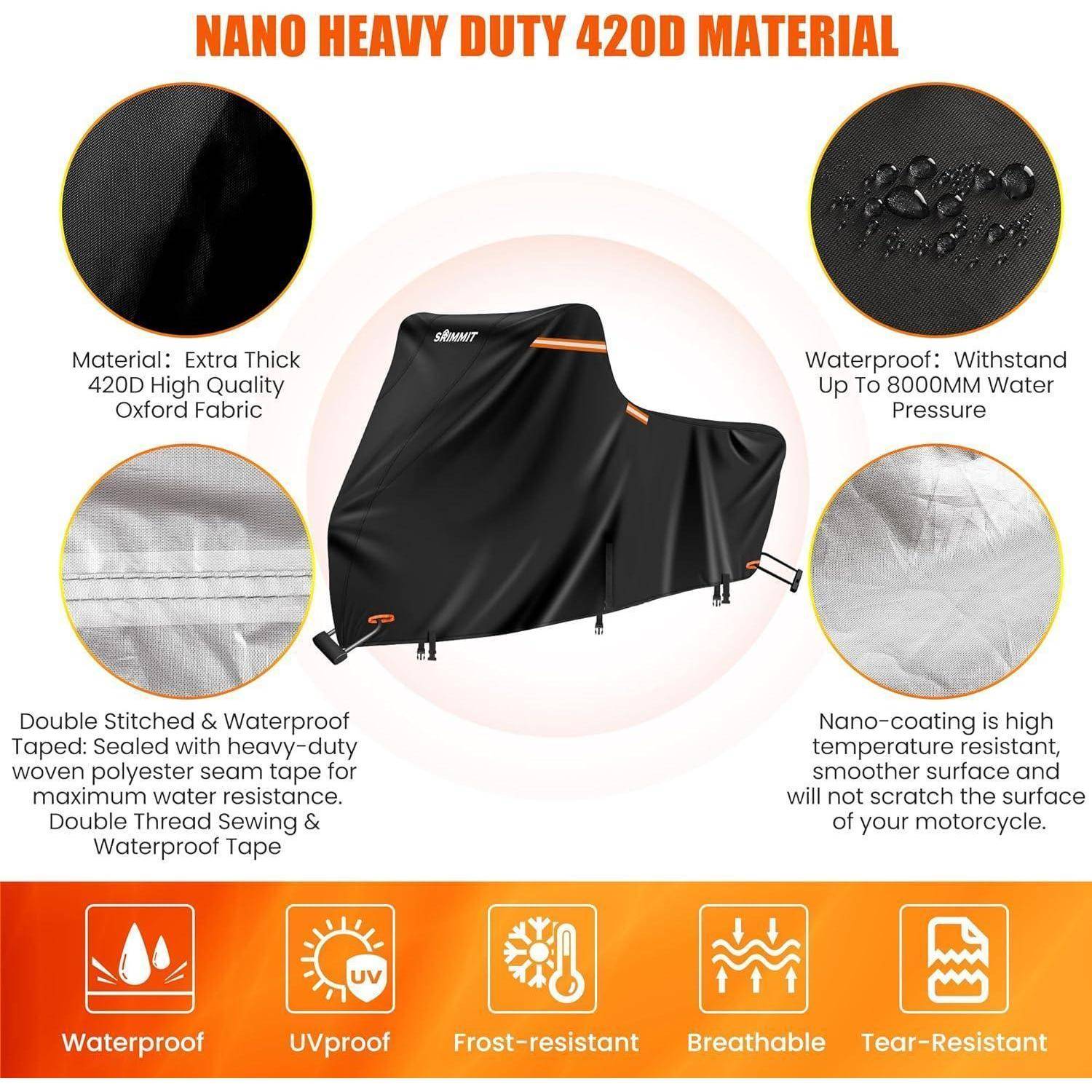 NANO HEAVY DUTY 420D MATERIAL' Abdeckung verfügt über wasserdichte, UV-beständige und robuste Eigenschaften, um Motorräder in rauen Umgebungen zu schützen.