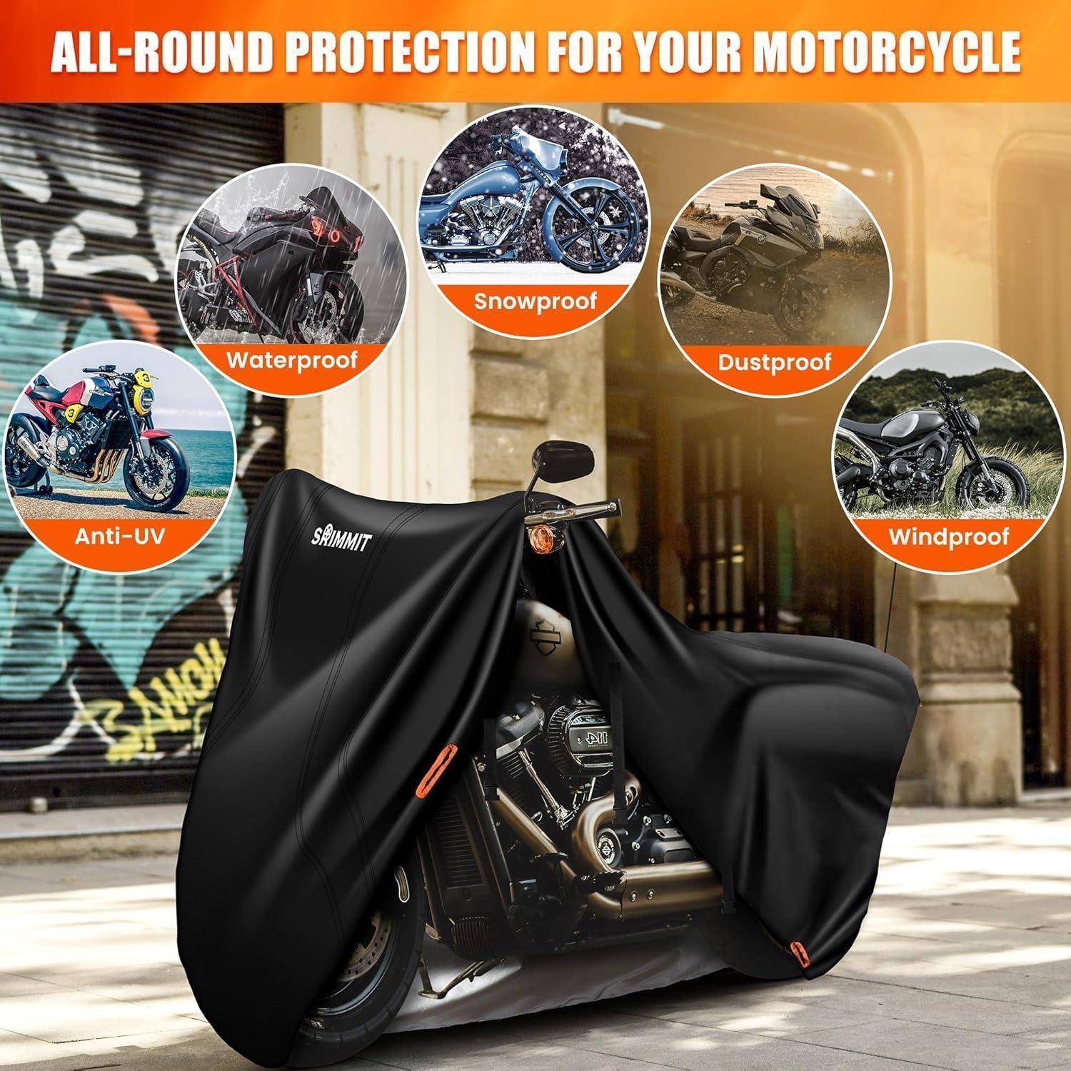 Motorrad auf einer Straße, das mit einer schwarzen Schutzplane abgedeckt ist. Fünf Einblendungen zeigen Eigenschaften: wasserdicht, schneesicher, staubdicht, UV-beständig, windundurchlässig. Text darüber: ‚Rundum-Schutz für Ihr Motorrad'.