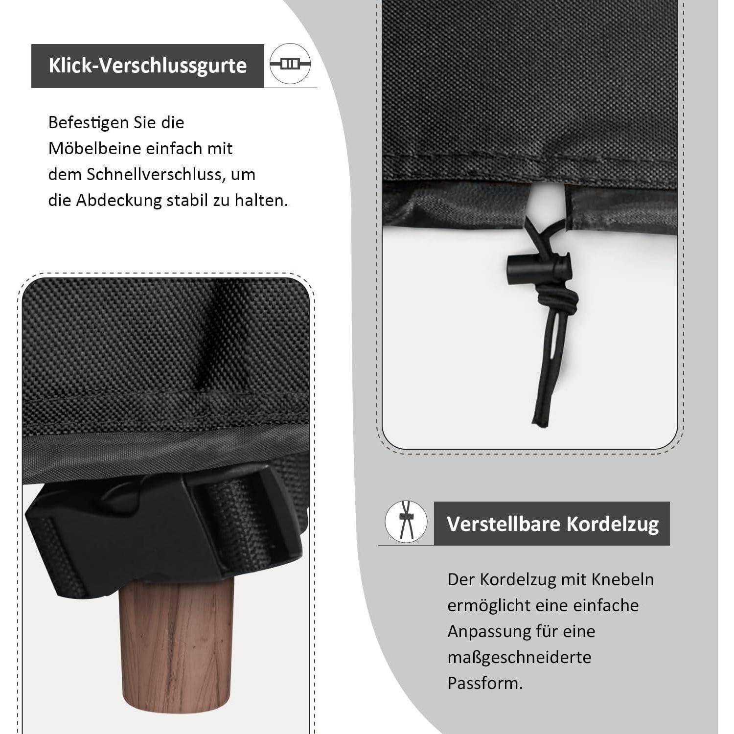 Click-Verschlussgurte' mit Bild von Gurt und Schnalle an Möbeln. 'Verstellbare Kordelzug' mit Bild von Kordel und Schieber für individuelle Passform. Deutscher Text beschreibt Befestigungs- und Verstellmethoden.