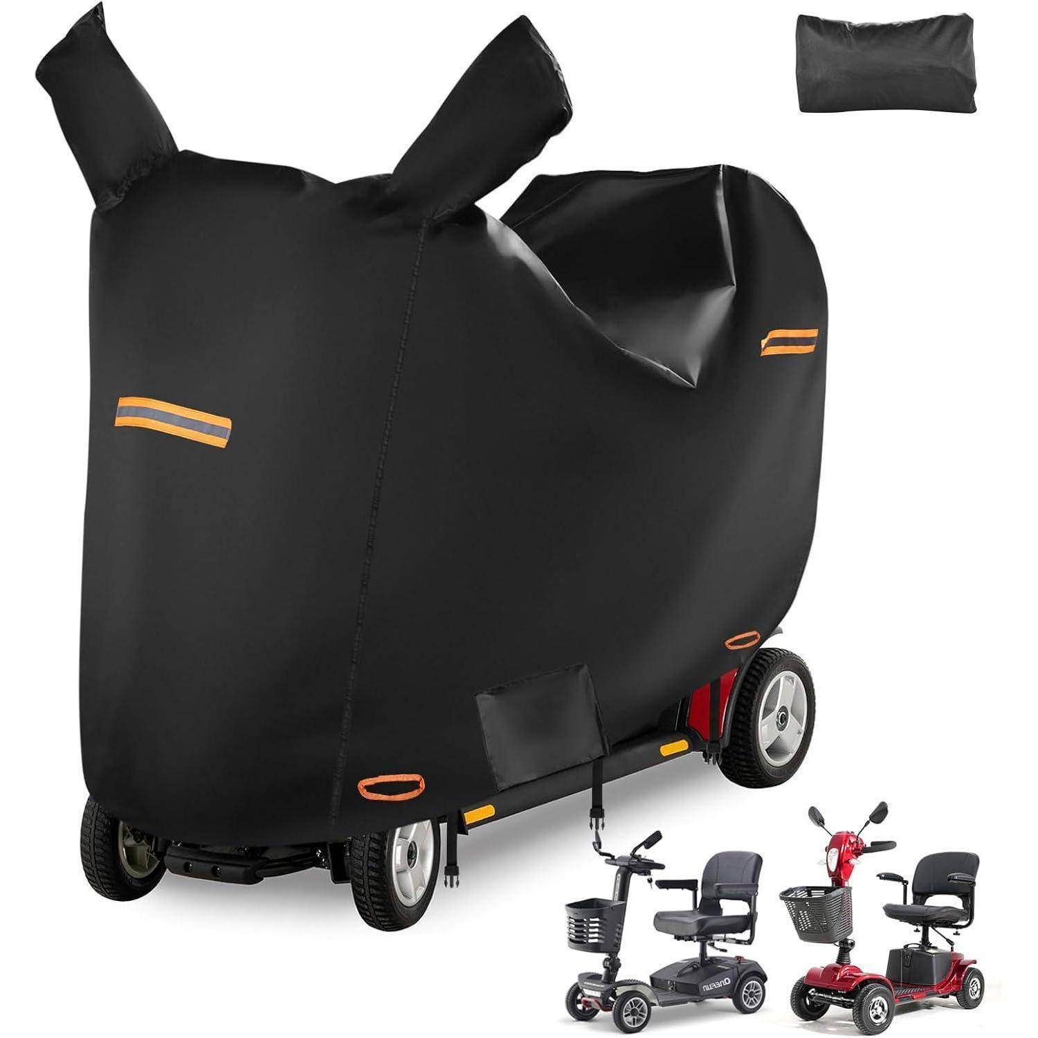 Eine schwarze wasserdichte Abdeckung schützt einen Mobilitätsroller mit elastischen Säumen und Befestigungsriemen, neben Bildern von kompatiblen Rollermodellen.
