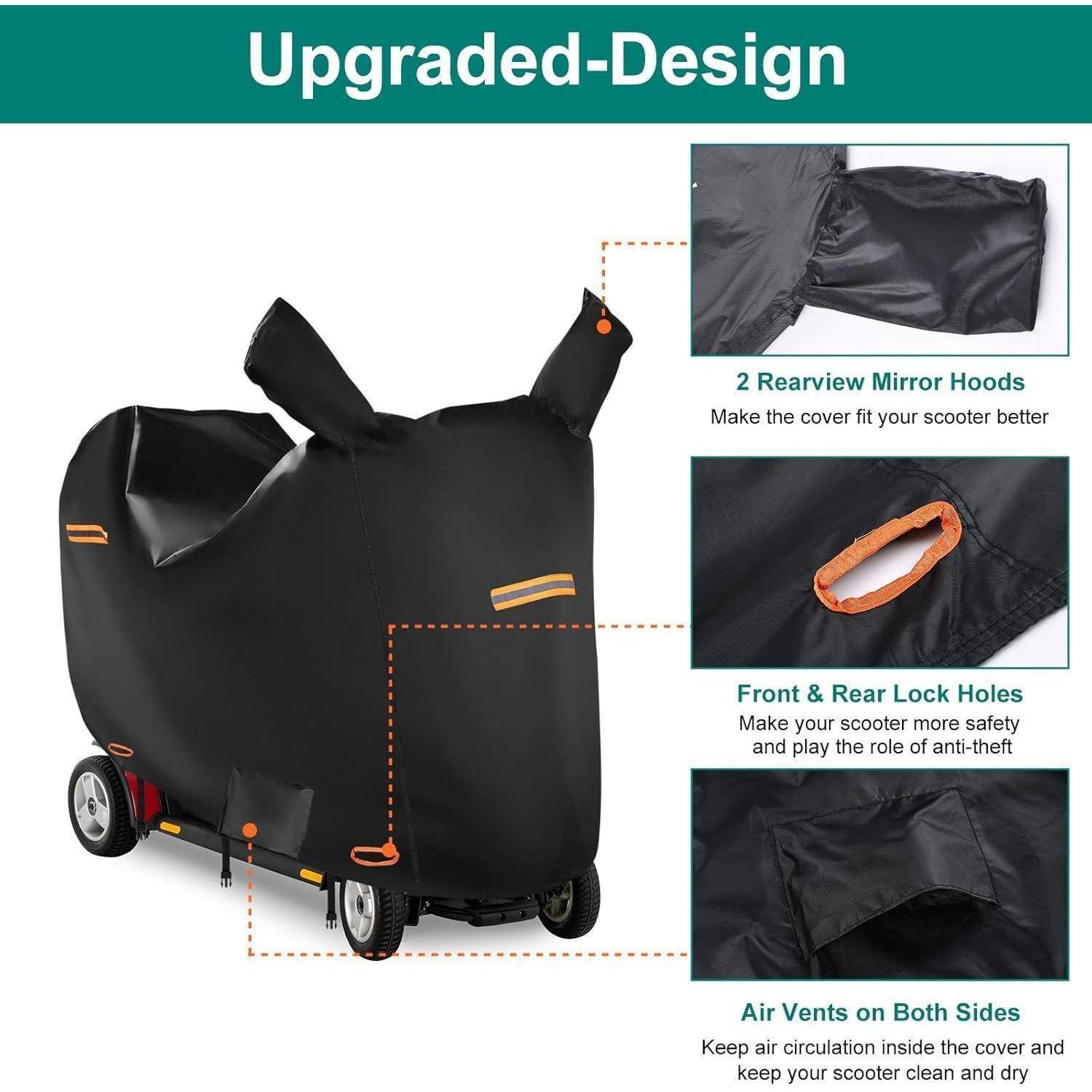 Roller-Abdeckung mit verbessertem Design: Rückspiegel-Hauben, Verschlusslöcher vorne und hinten sowie Luftöffnungen für eine optimierte Passform und Sicherheit.