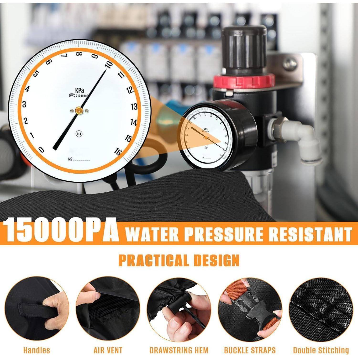 15000PA Wasserdruckbeständige' Messung mit einem praktischen Design, das Griffe, Belüftungsöffnung, Kordelzugsaum, Schnallenbänder und doppelte Nähte umfasst.