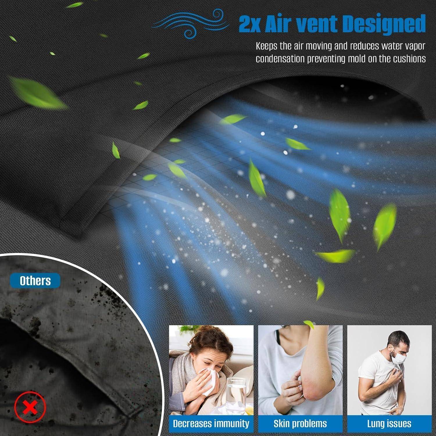 Ein Kissen mit der '2x Luftauslass-Design' Funktion stößt blaue Luftströme aus. Eingefügte Bilder zeigen gesundheitliche Probleme: geschwächte Immunität, Hautprobleme und Lungenerkrankungen.