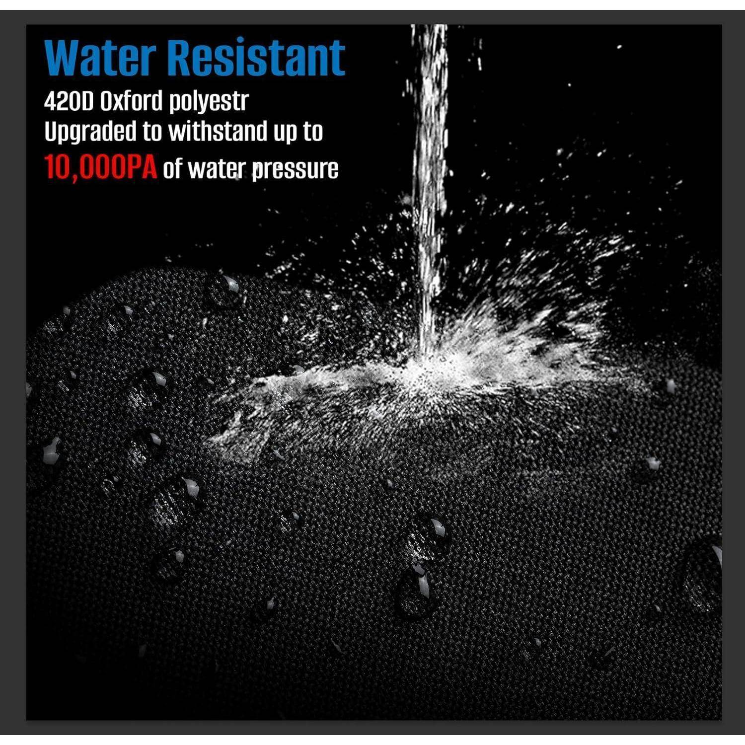 Wassertropfen spritzen auf eine Stoffoberfläche und zeigen deren Wasserabweisendheit. Text lautet: 'Wasserresistent. 420D Oxford-Polyester. Verbessert, um bis zu 10.000 PA Wasserdruck standzuhalten.