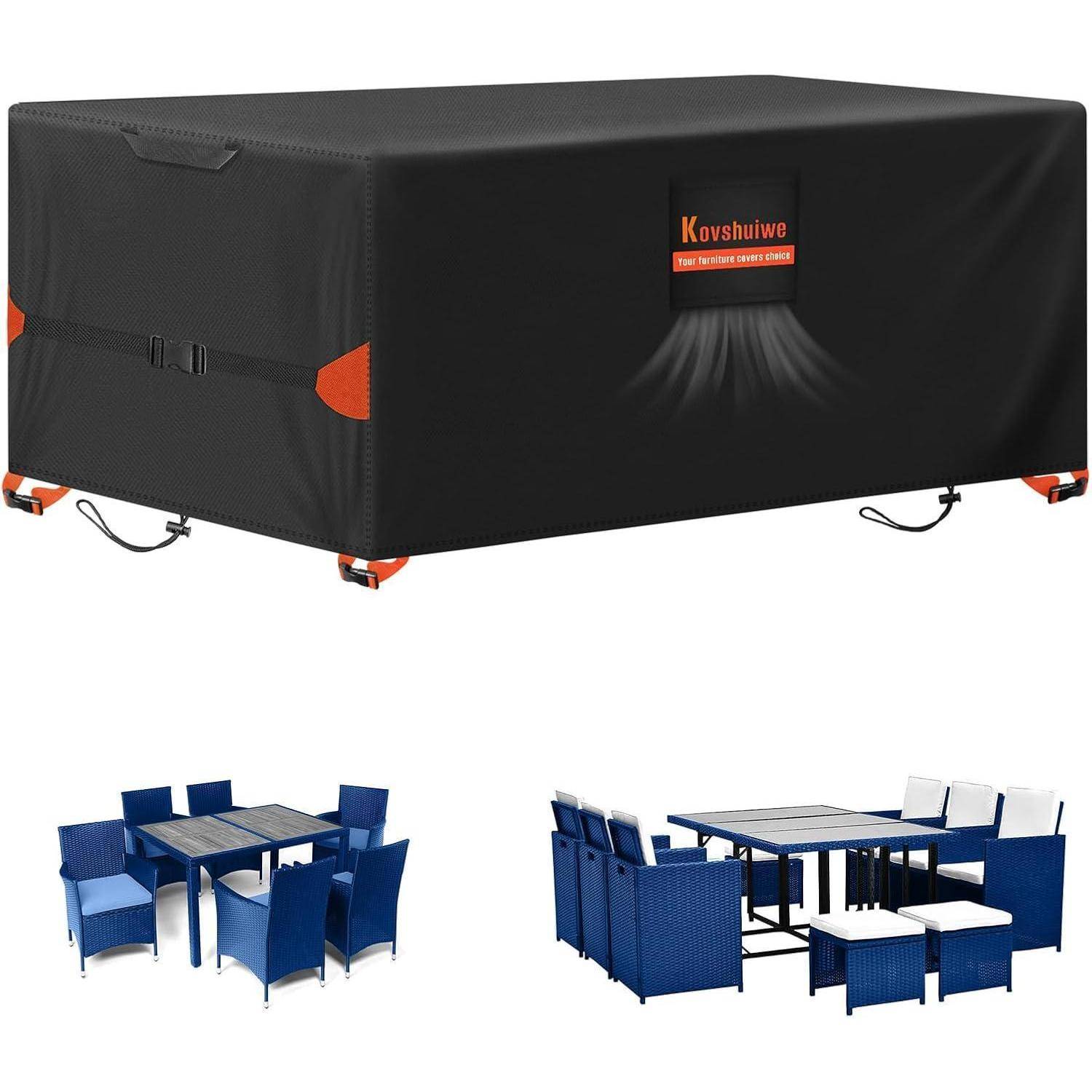 Rechteckige schwarze Möbelabdeckung, mit 'Kovshiwo' beschriftet, schützt Outdoor-Essgarnituren. Zwei Beispiele: blaues Geflecht-Set und gepolstertes Metallset.