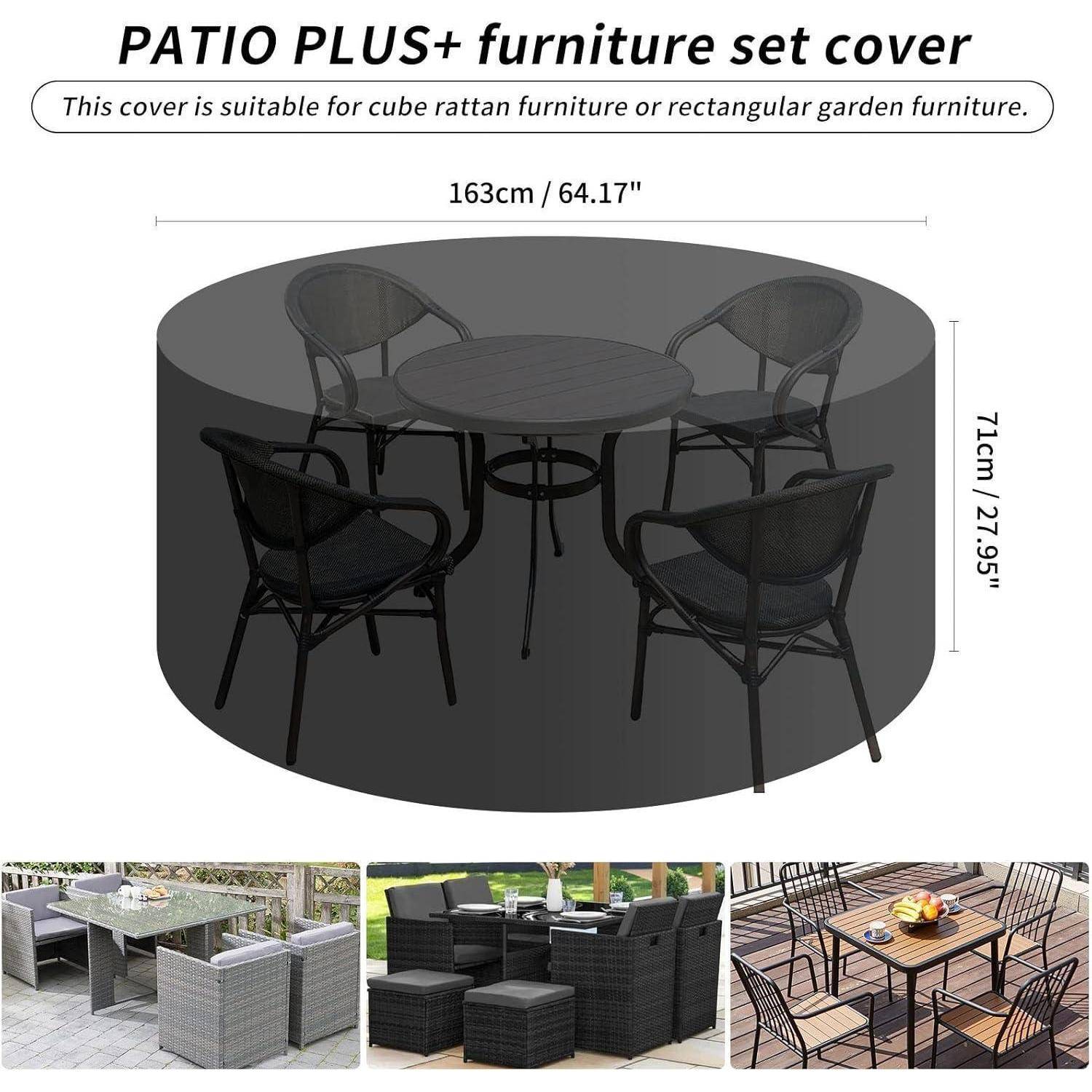 PATIO PLUS+ Möbelschutzhülle', geeignet für Würfel- oder rechteckige Rattanmöbel. Abmessungen: 163 cm x 71 cm. Mit Schutzabdeckung und Möbelabbildungen.
