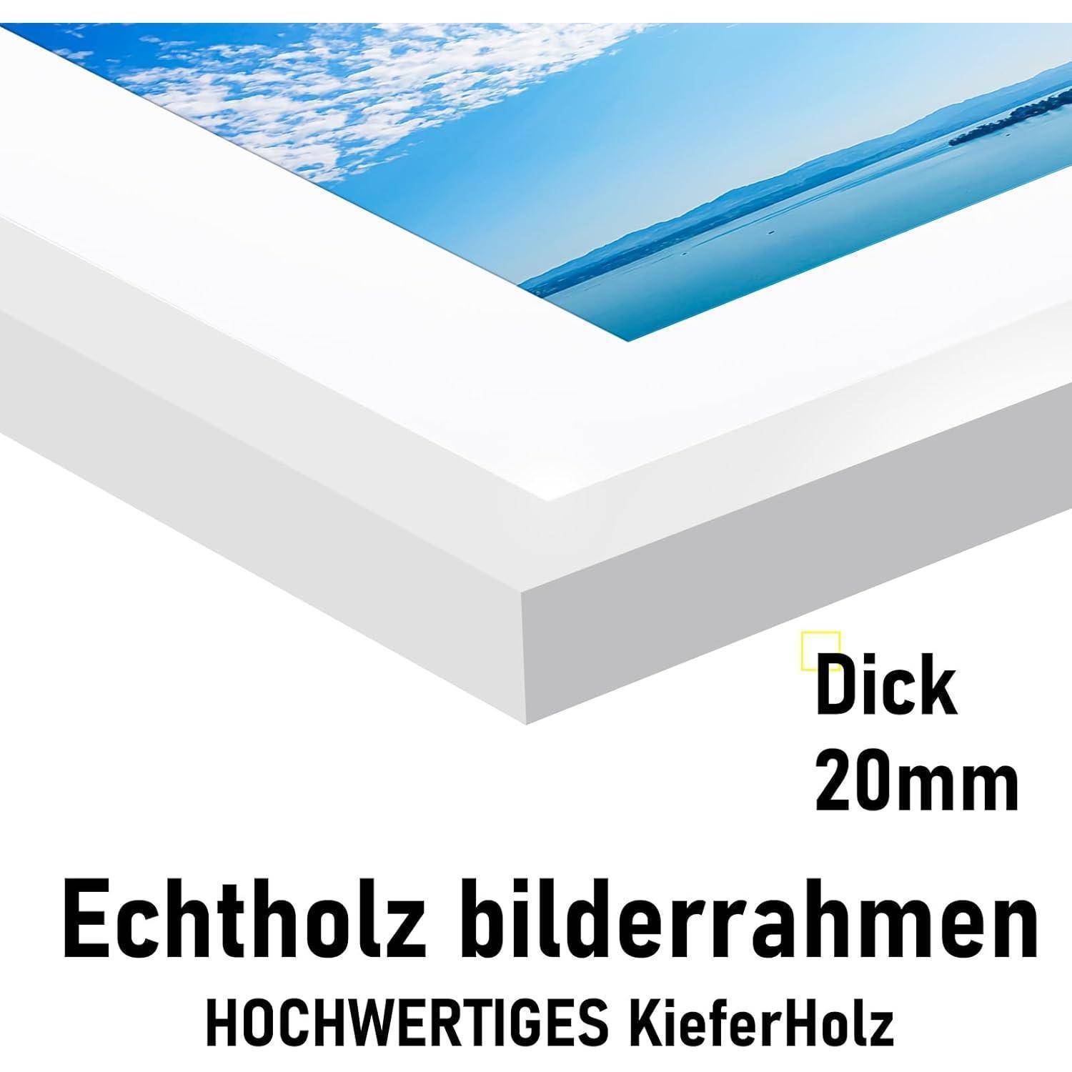 Ein 20 mm starker Bilderrahmen aus massivem Kiefernholz wird präsentiert, der Premiumqualität betont und den Fokus auf Handwerkskunst und Material legt.