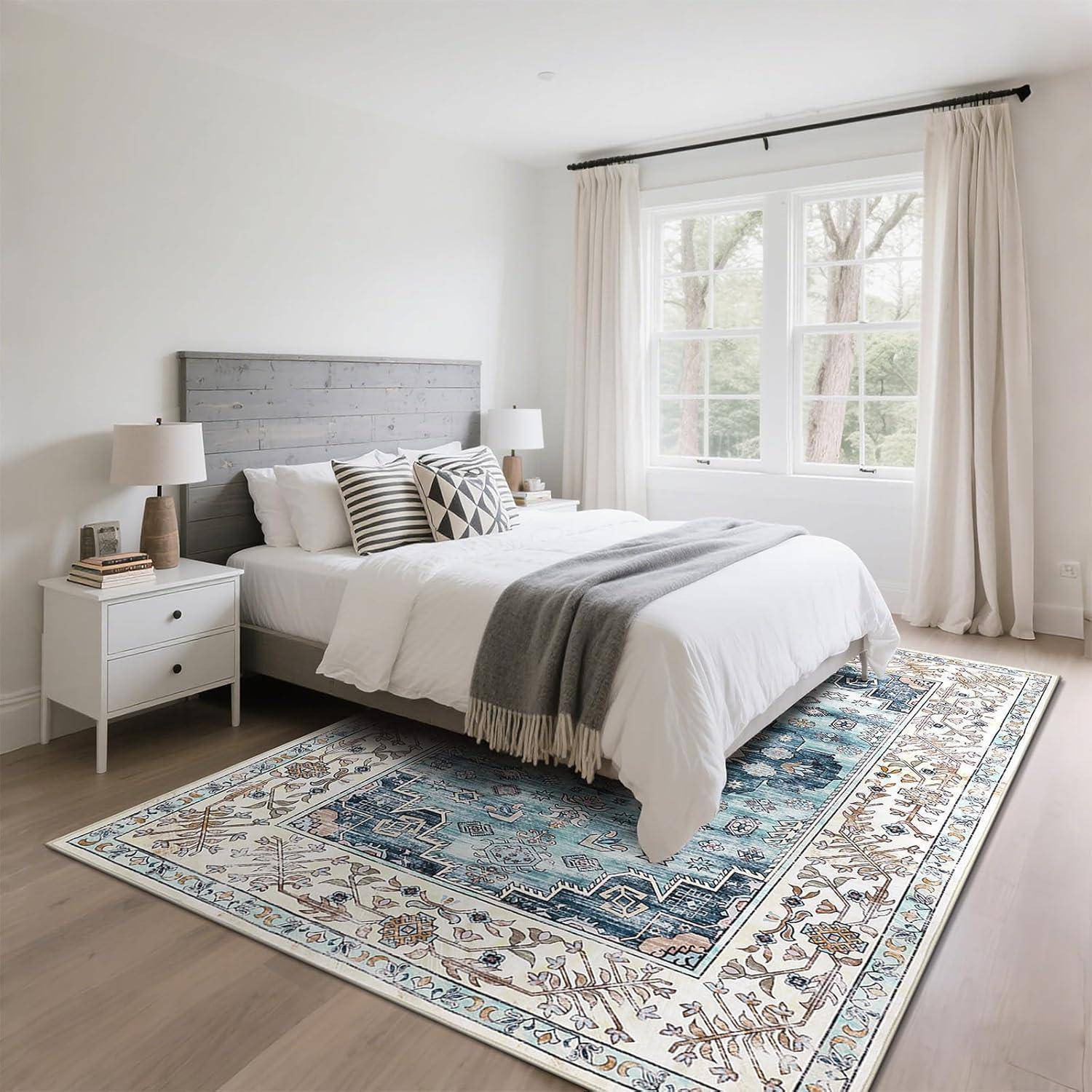 Teppich Boho Kurzflor rutschfest waschbar Wohnzimmer Türkis 160x230cm