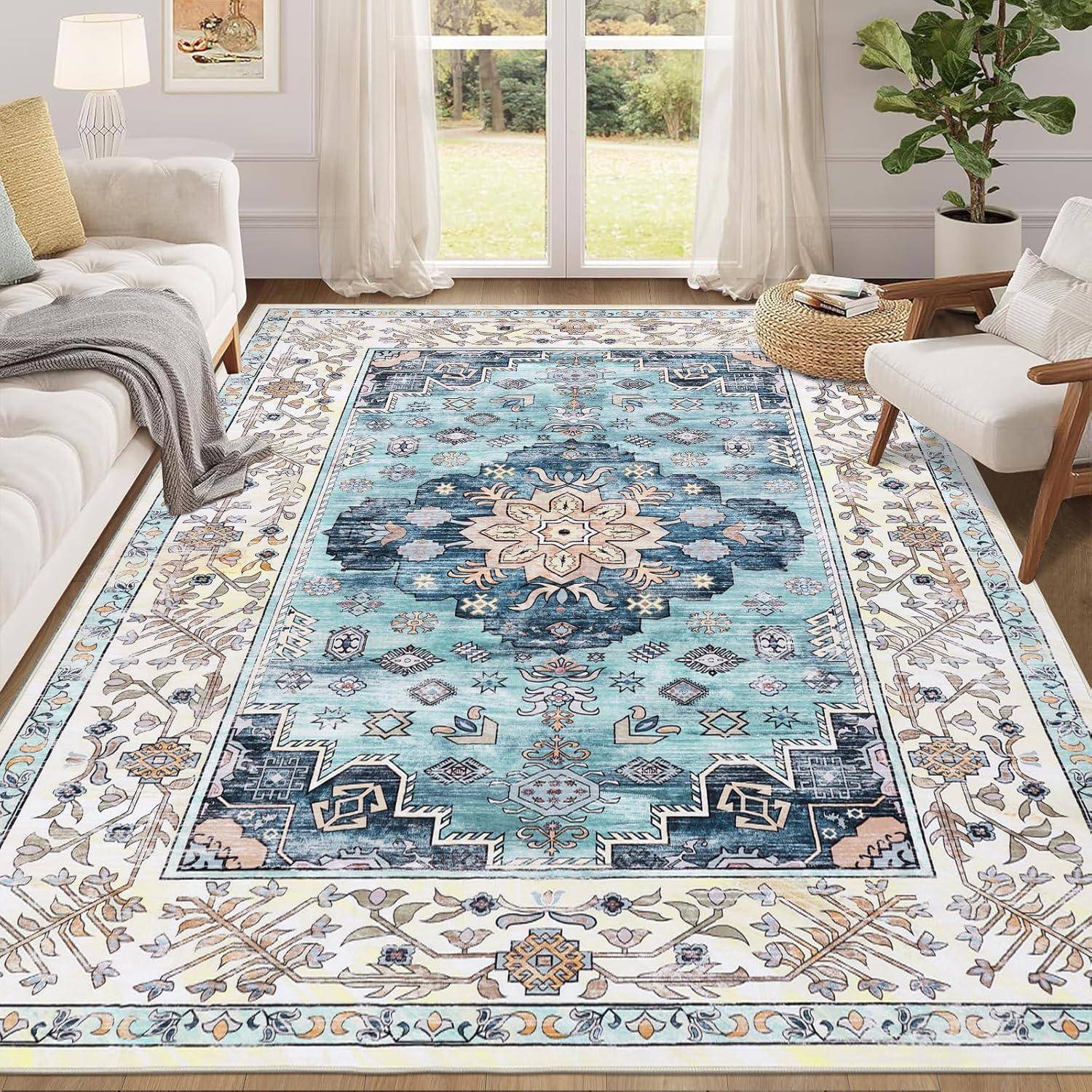 Teppich Boho Kurzflor rutschfest waschbar Wohnzimmer Türkis 160x230cm