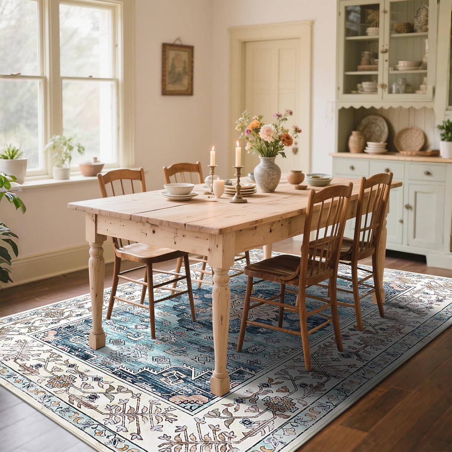 Teppich Boho Kurzflor rutschfest waschbar Wohnzimmer Türkis 160x230cm