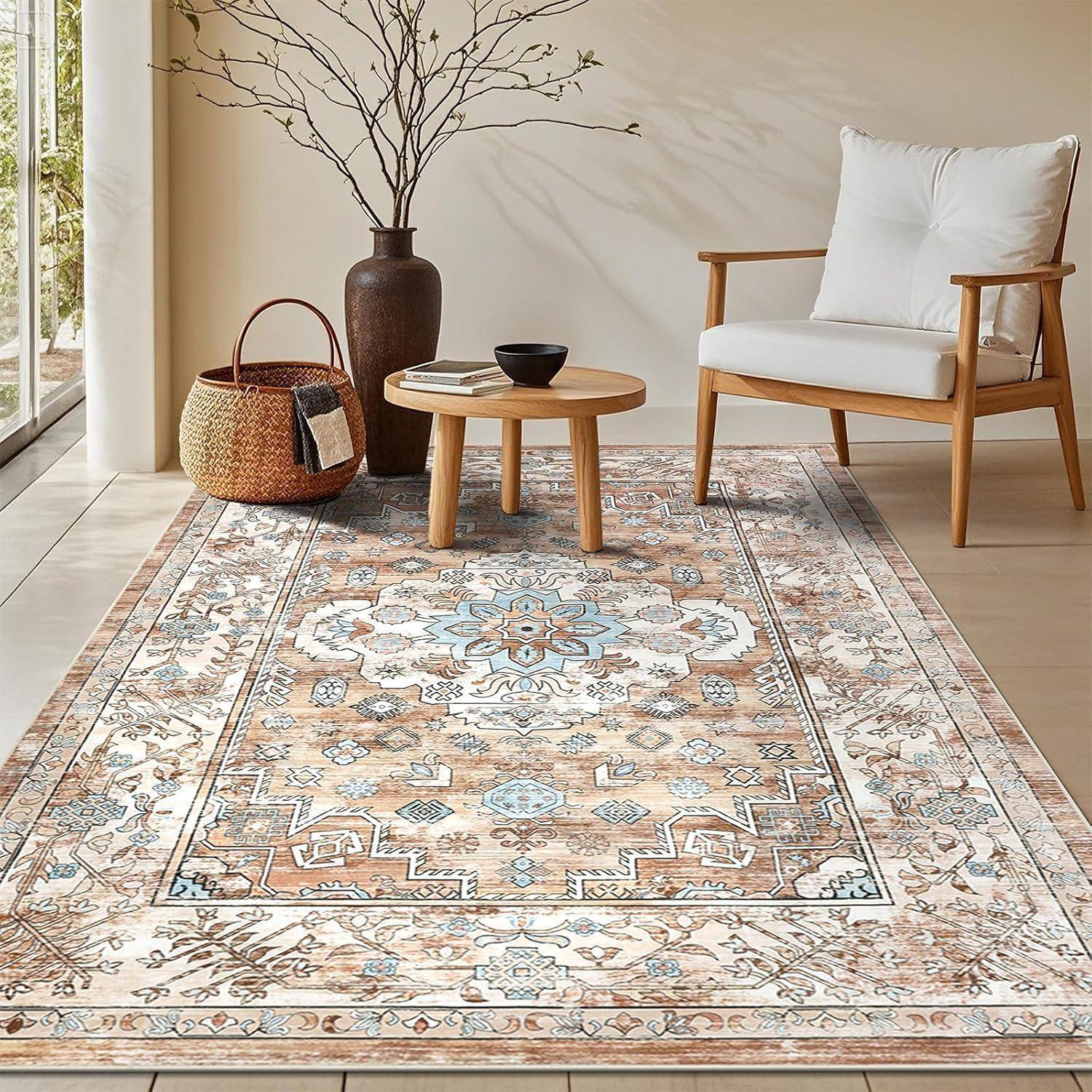Teppich Vintage Wohnzimmer Kurzflor Waschbar Cremefarben 90x150cm