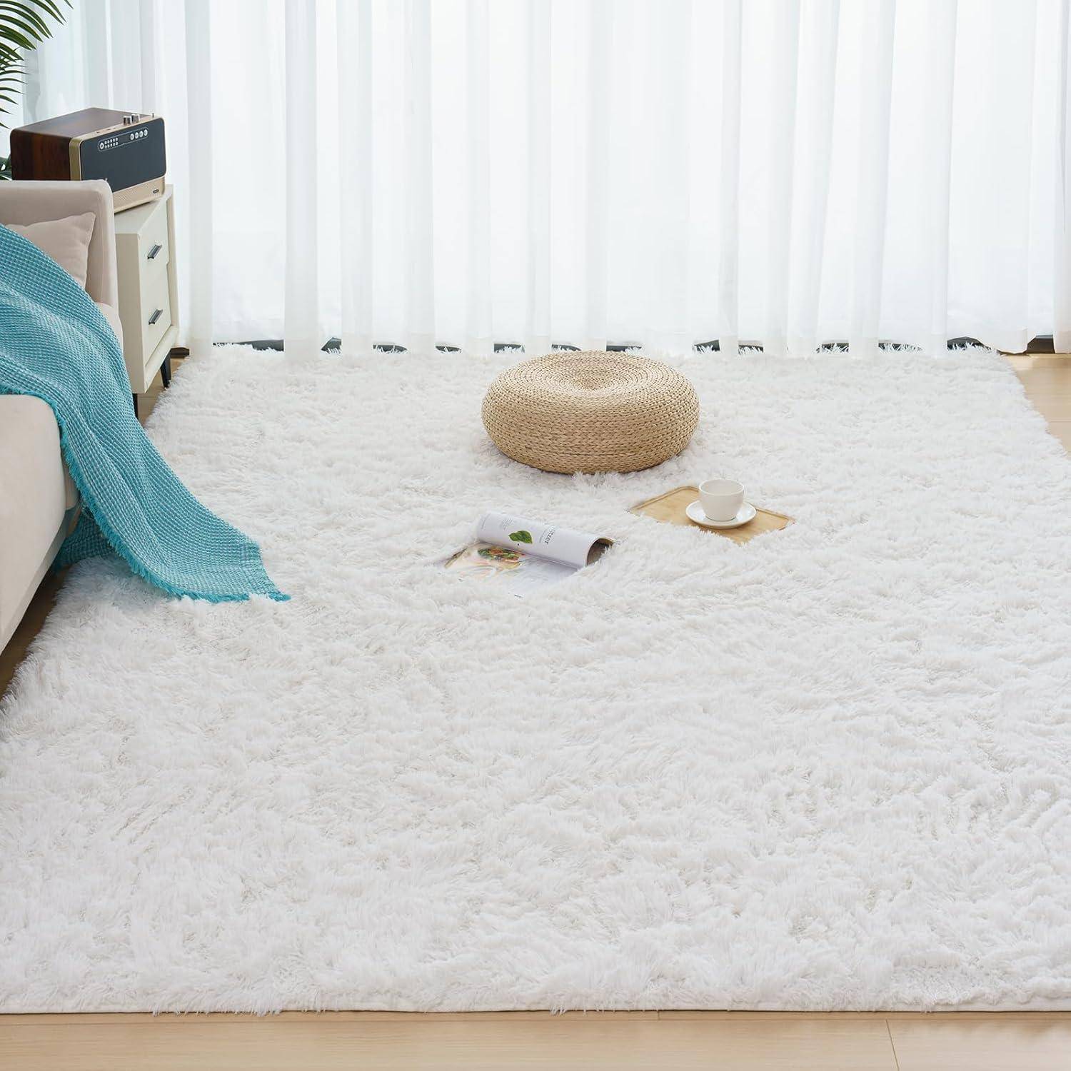 Hochflor Teppich Weiß 200x290 cm Langflor Schlafzimmer Shaggy Carpet