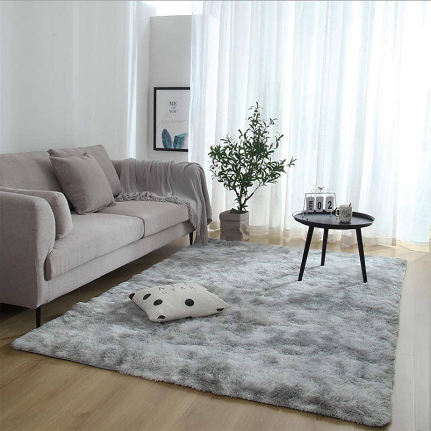 Ein gemütliches Wohnzimmer mit einem grauen Sofa, zwei Kissen, einem flauschigen Teppich und einem kleinen runden Tisch. Eine Topfpflanze und gerahmte Kunstwerke vervollständigen die Dekoration.