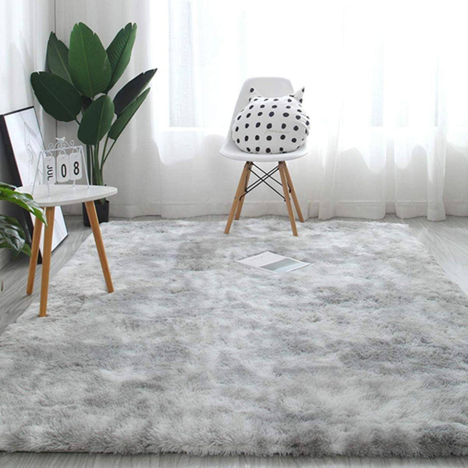 Teppich Rund Flauschig Rutschfest 200 x 300 cm Rechteckig Grau Weiß