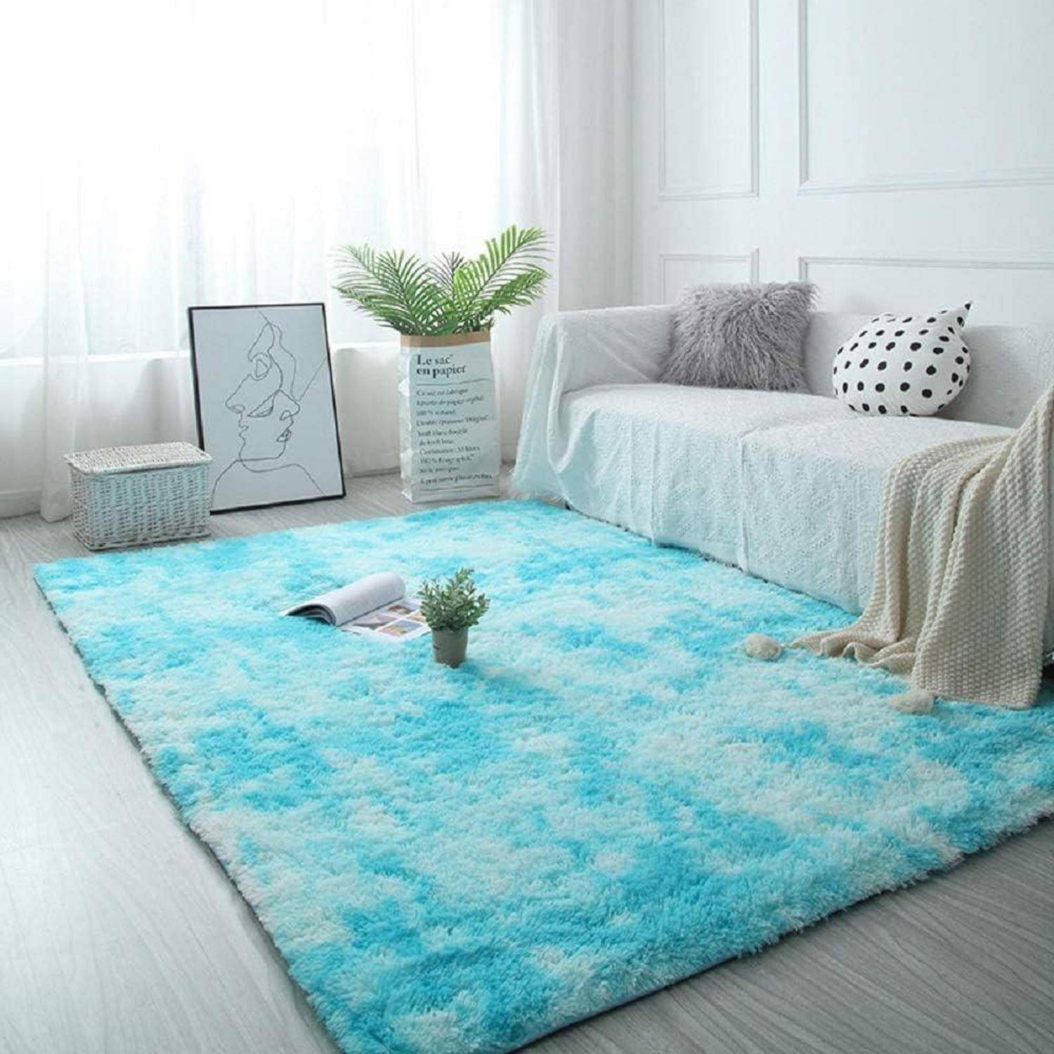 Teppich rund flauschig rutschfest 185 x 185 cm (Quadratisch) Blau Weiß