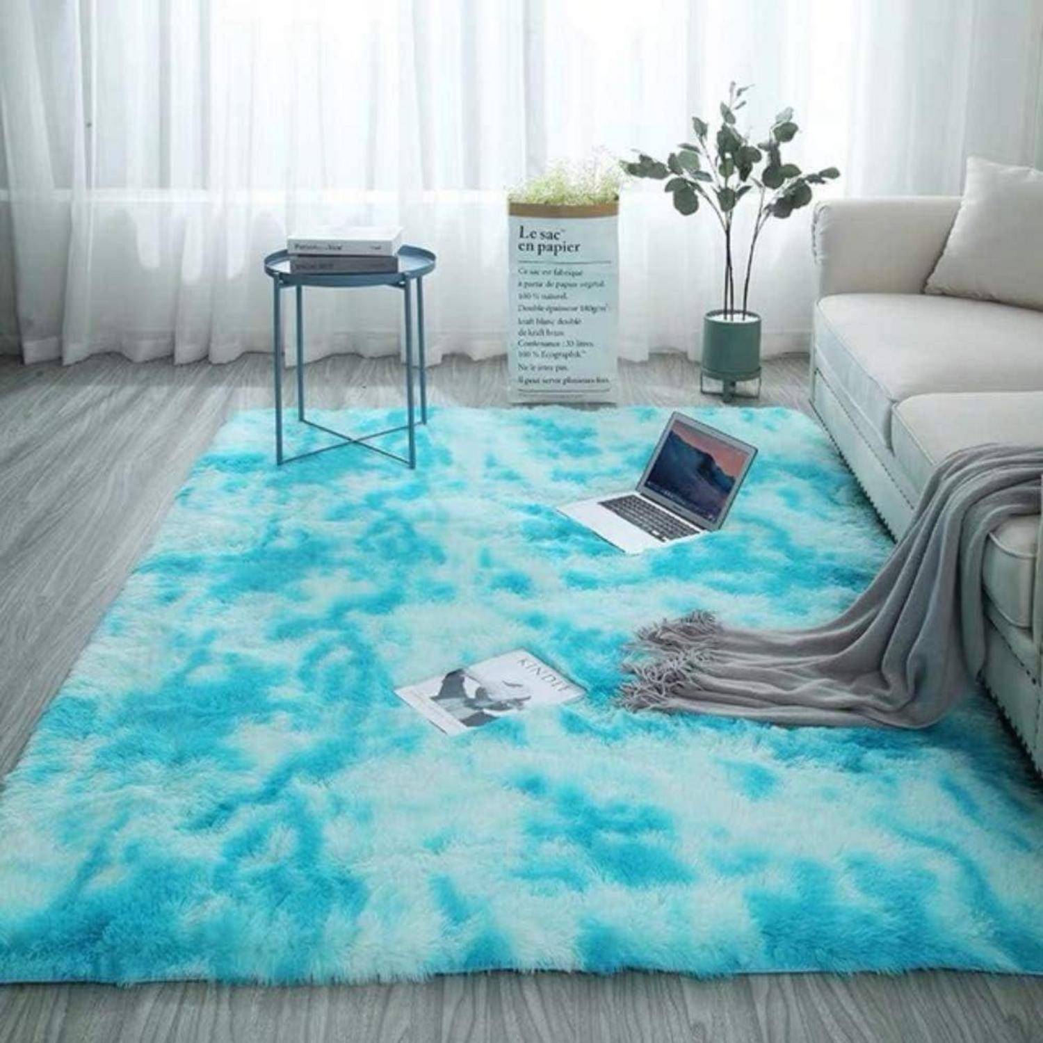 Teppich rund flauschig rutschfest 185 x 185 cm (Quadratisch) Blau Weiß