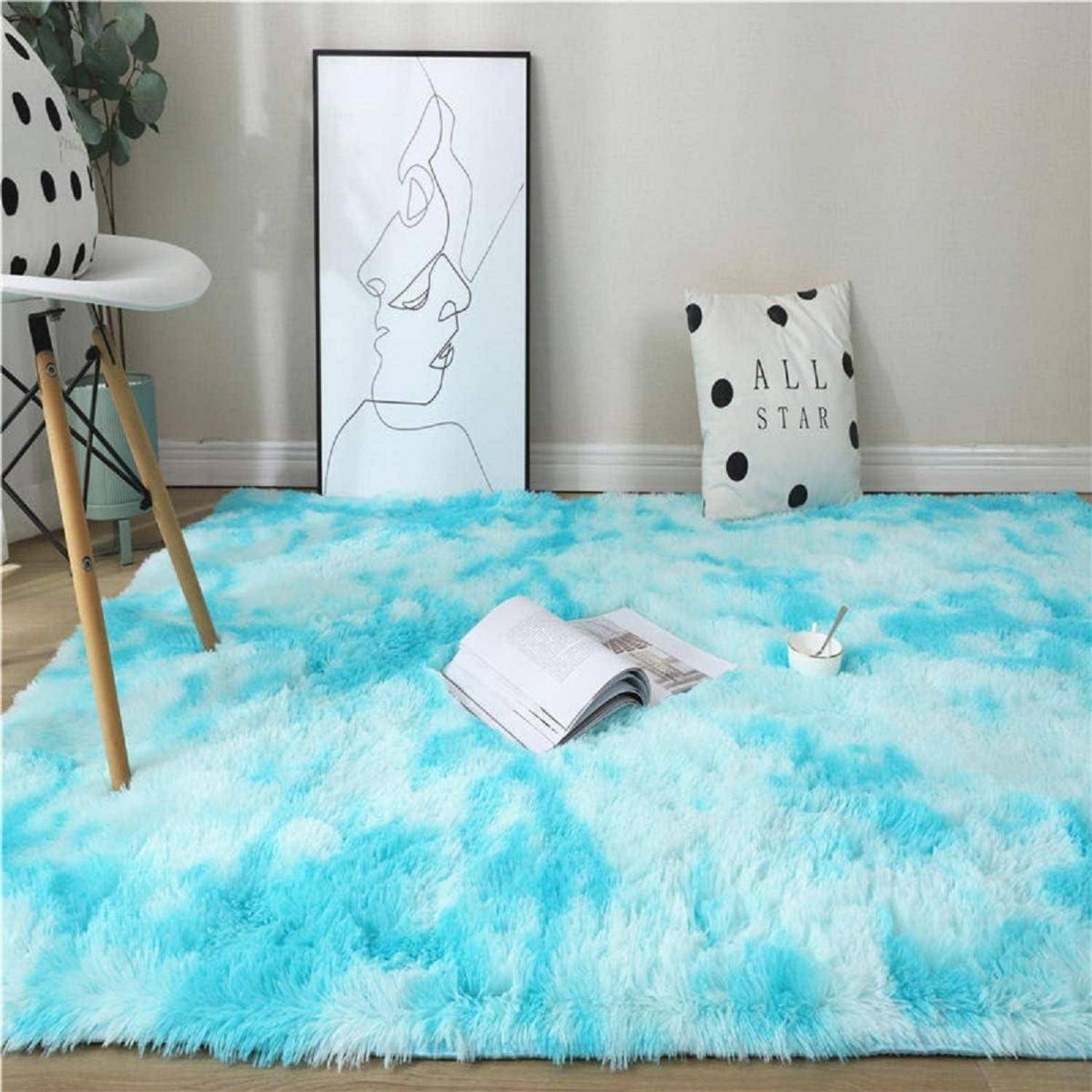 Teppich rund flauschig rutschfest 185 x 185 cm (Quadratisch) Blau Weiß