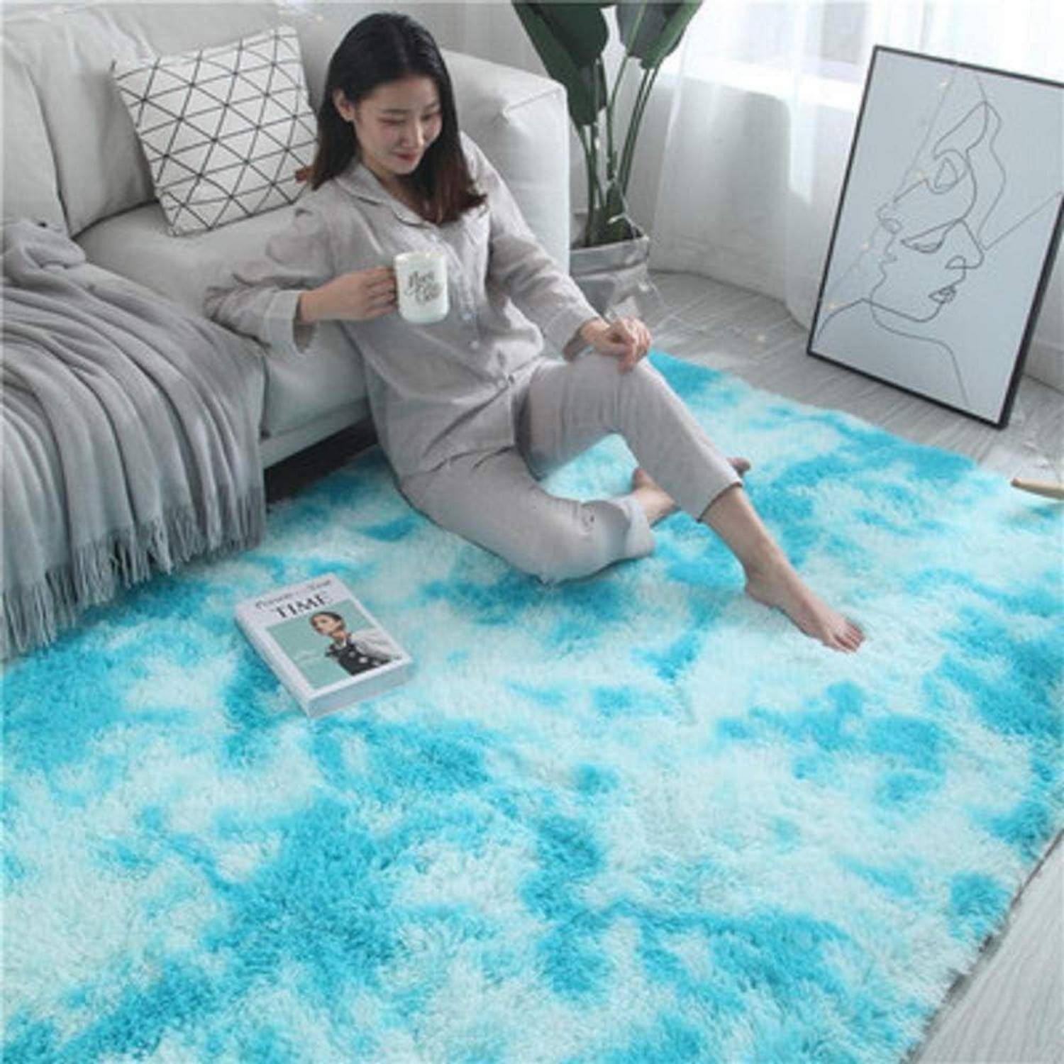 Teppich rund flauschig rutschfest 185 x 185 cm (Quadratisch) Blau Weiß