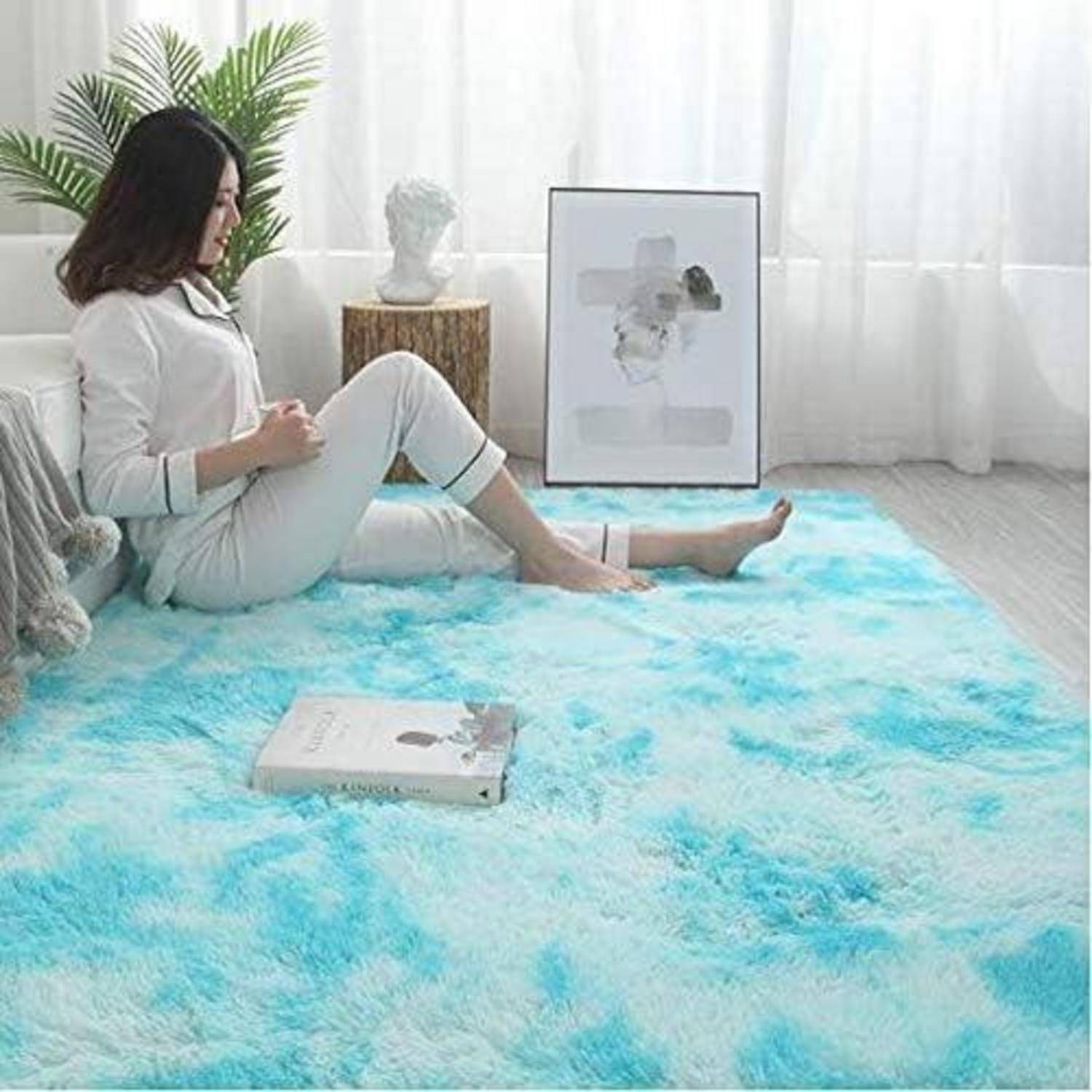 Teppich rund flauschig rutschfest 185 x 185 cm (Quadratisch) Blau Weiß