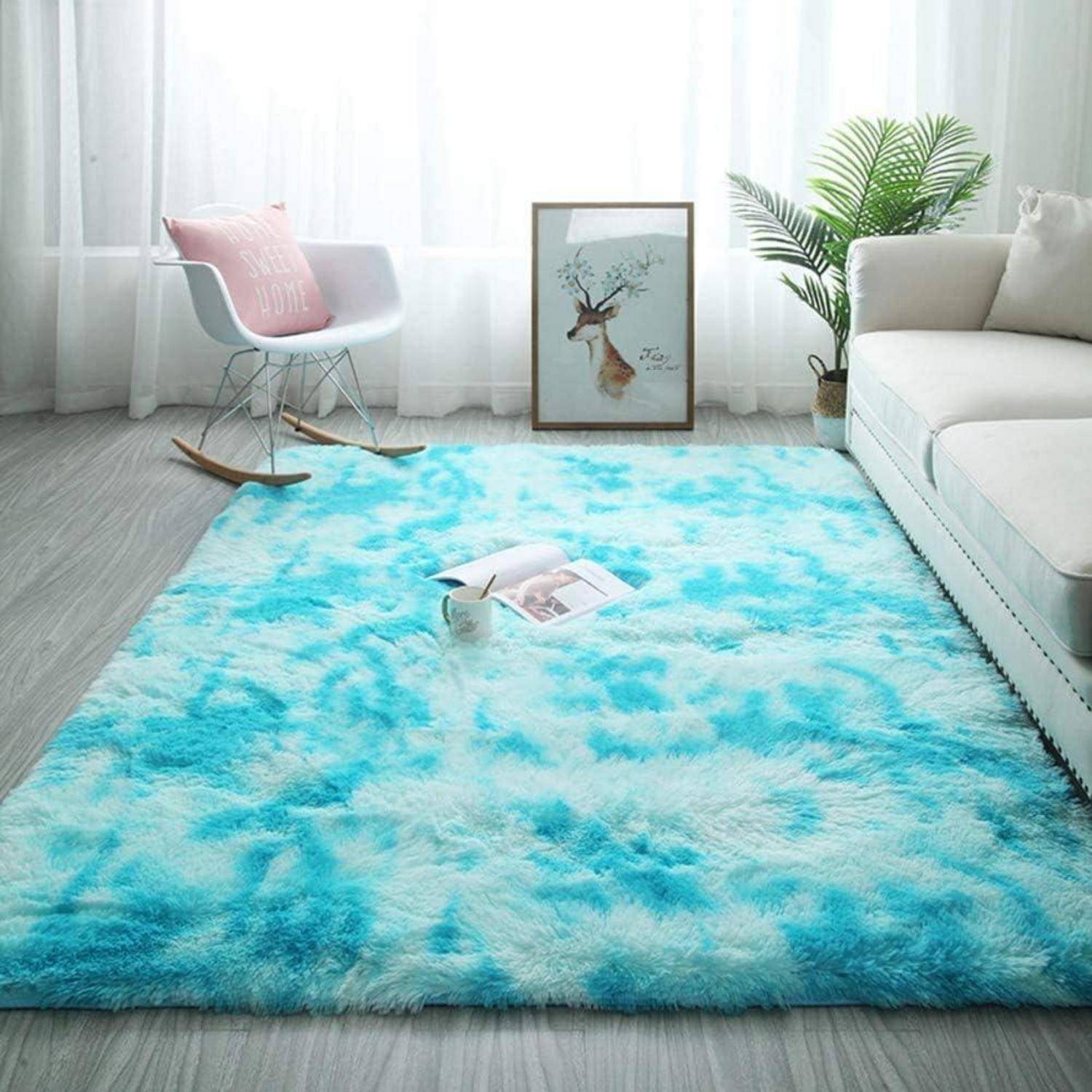 Teppich Rund Flauschig Rutschfest 80 x 120 cm (Rechteckig) Blau Weiß