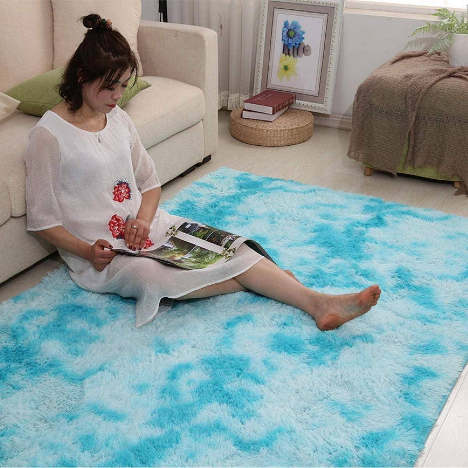 Teppich Rund Flauschig Rutschfest 80 x 120 cm (Rechteckig) Blau Weiß
