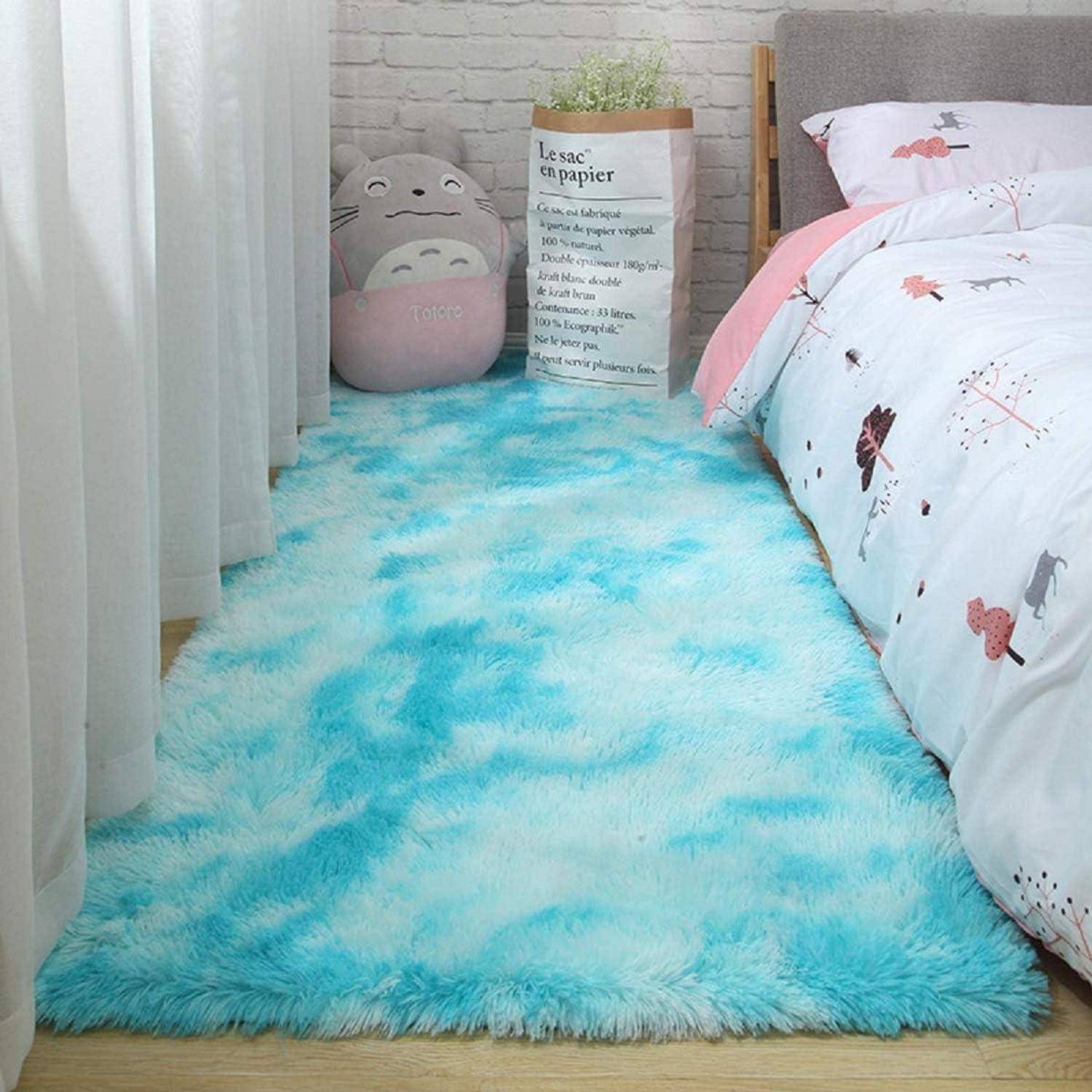 Teppich Rund Flauschig Rutschfest 80 x 120 cm (Rechteckig) Blau Weiß