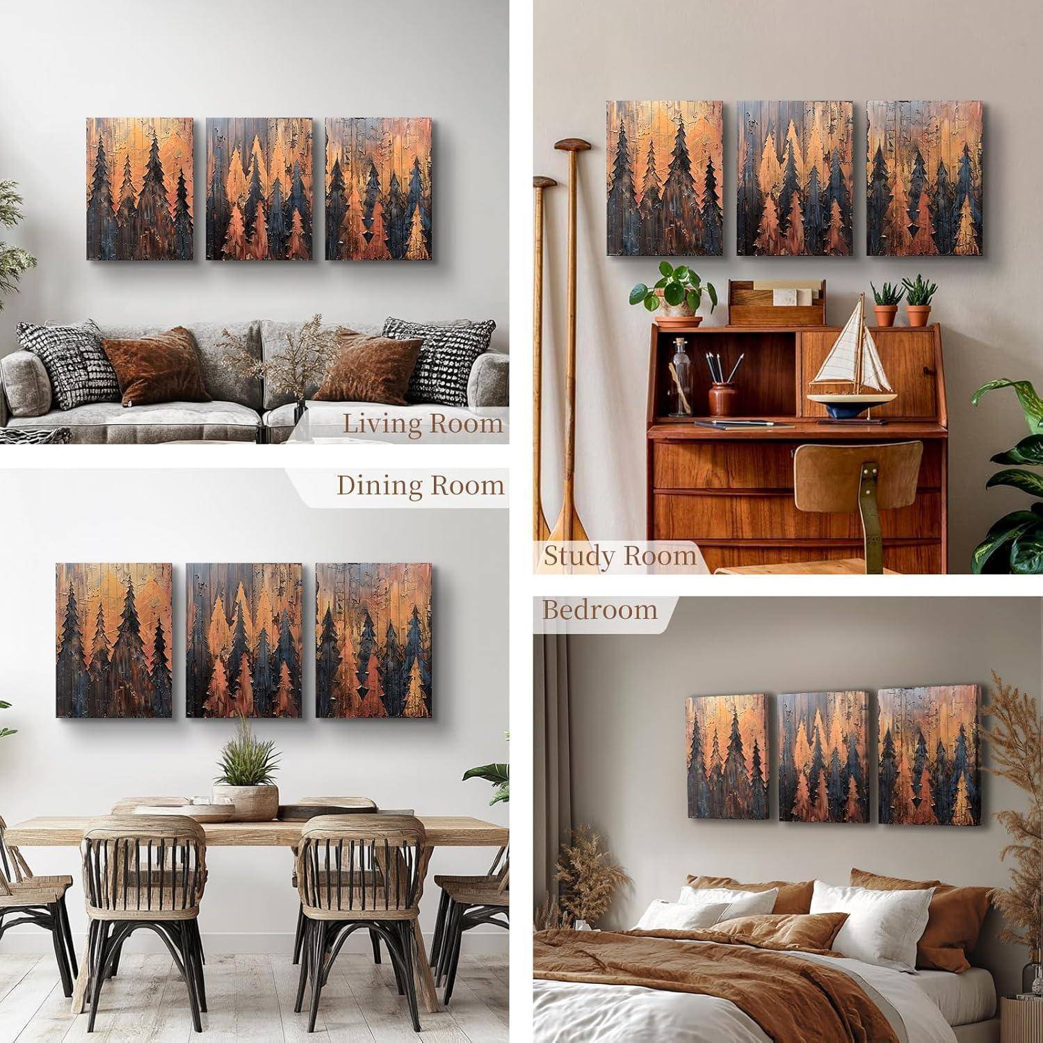 Wandkunst mit einer Darstellung eines Waldes in Herbsttönen, die in drei verschiedenen Räumen platziert ist: Wohnzimmer, Arbeitszimmer und Schlafzimmer, wodurch eine gemütliche Atmosphäre entsteht.