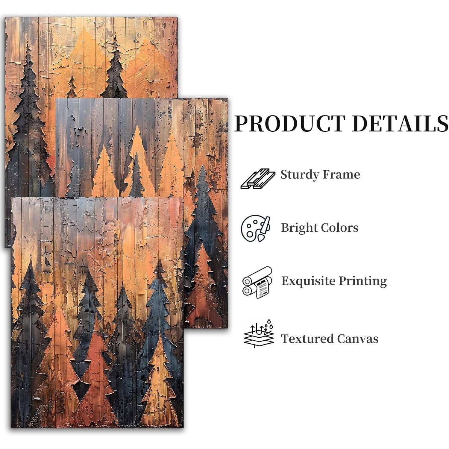 Leinwandkunst mit abstraktem Wald in warmen Farbtönen, der vor einer Bergkulisse liegt. Texthinweise zu Produktdetails: robuster Rahmen, leuchtende Farben, exquisiter Druck, strukturierte Leinwand.