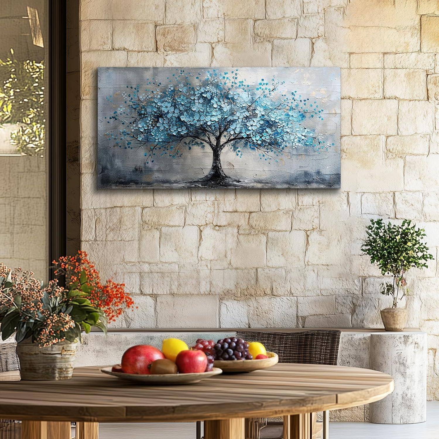 Leinwandbild Blumen Baum Kunstdruck Blauer Blumen Baum 100L x 50B cm