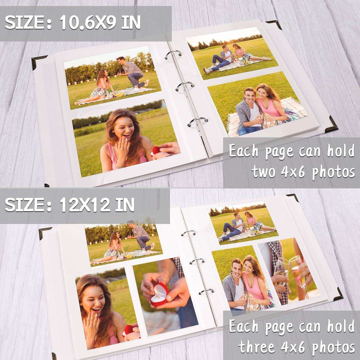 Öffne Fotoalbum mit Seiten, die für 10x15 cm Fotos konzipiert sind; obere Seite mit einer Größe von 27x23 cm hält zwei Fotos, untere Seite mit einer Größe von 30x30 cm hält drei Fotos.