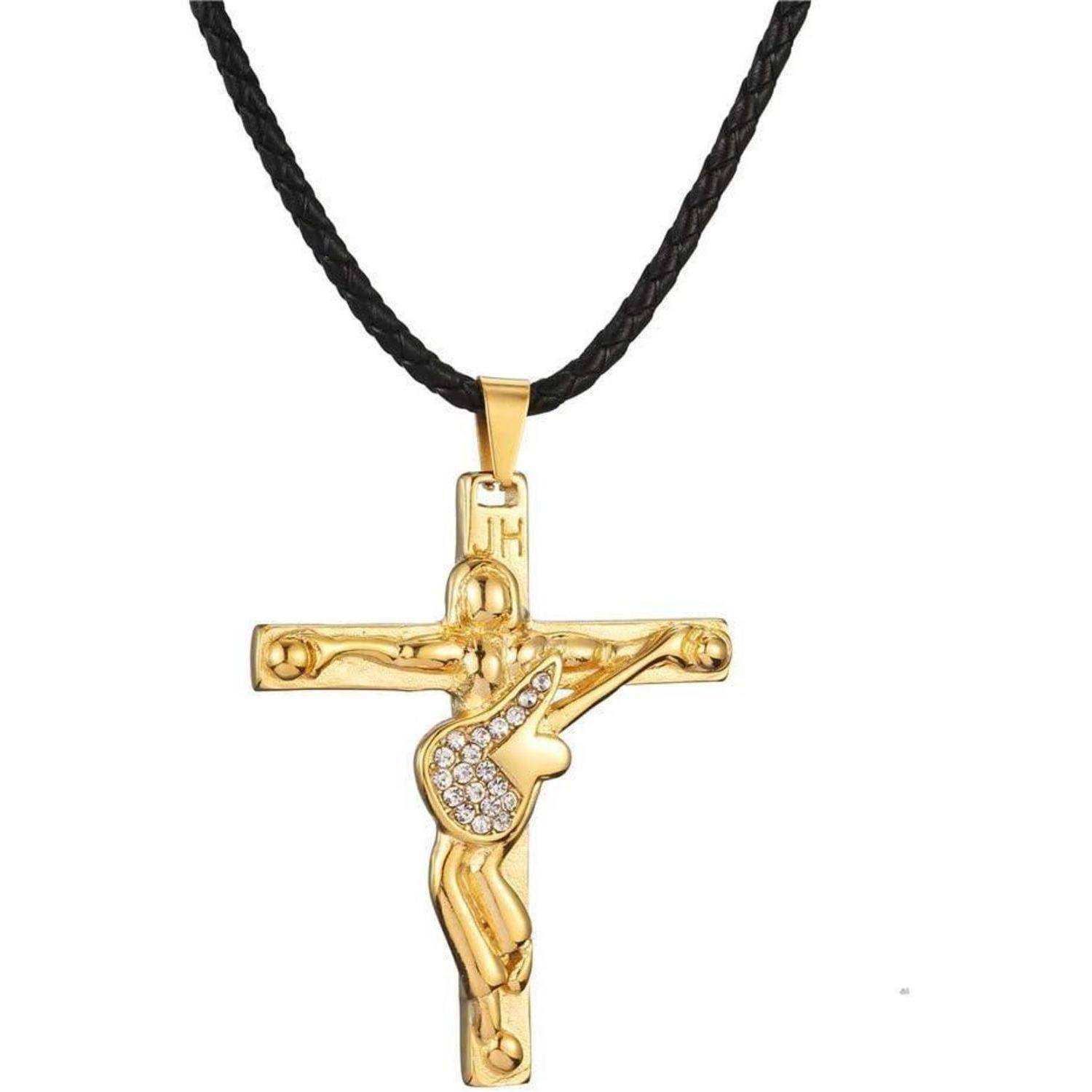 Ein Goldkreuzanhänger mit Strasssteinen, der Jesus an einer schwarzen geflochtenen Halskette darstellt.