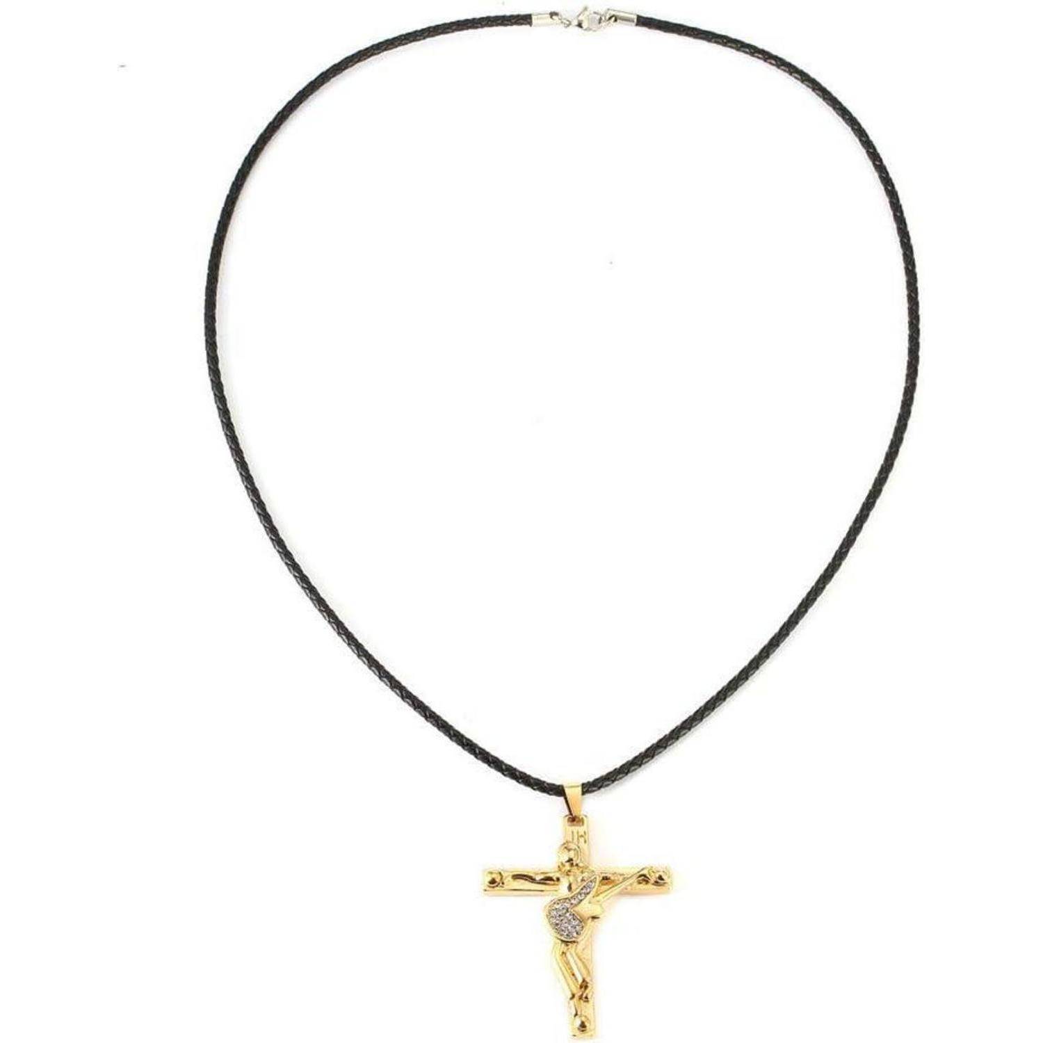 Eine dünne schwarze Kordel-Halskette mit einem goldenen Kruzifix-Anhänger, der in der Mitte hängt.