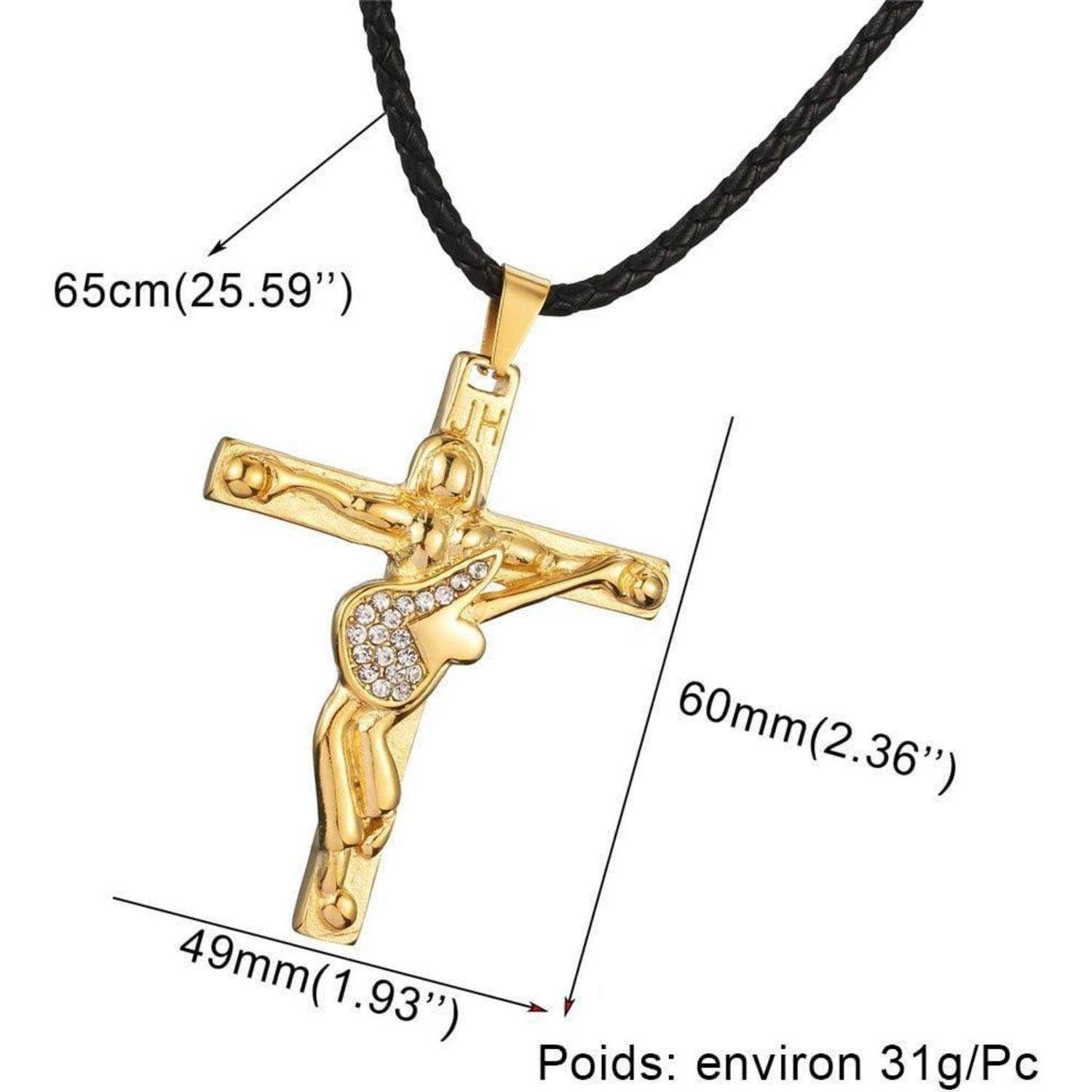 Eine Goldkreuz-Halskette mit Strasskristall-Details, schwarze Kordel von 65 cm Länge, Kreuzabmessungen 60 mm x 49 mm, gekennzeichnet mit ‚Poids: environ 31g/Pc'.