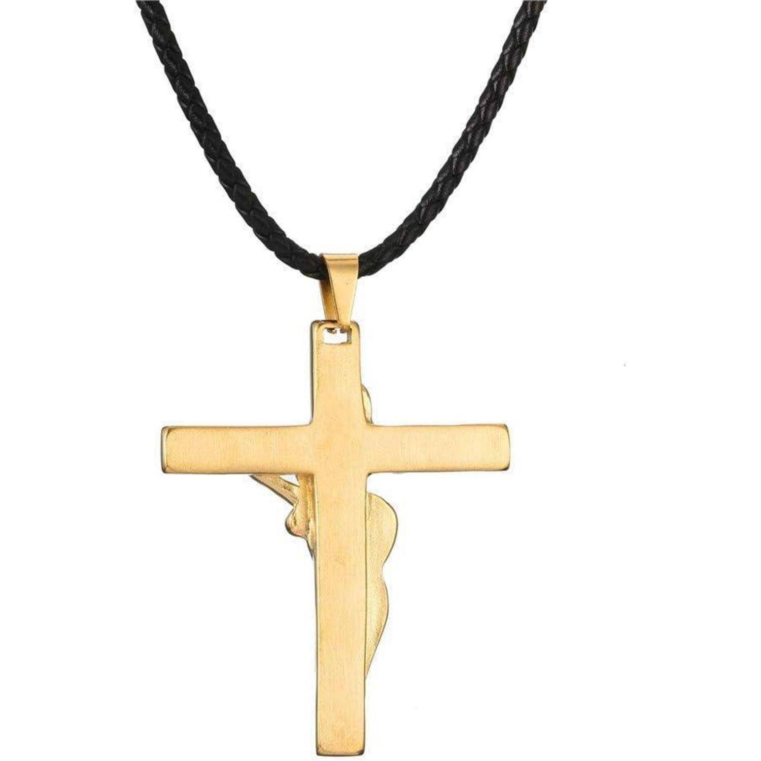 Ein goldenes Kreuz-Anhänger mit einer schwarzen Kette, der eine Umrissfigur in der Kreuzigungspose zeigt und religiösen Glauben symbolisiert.
