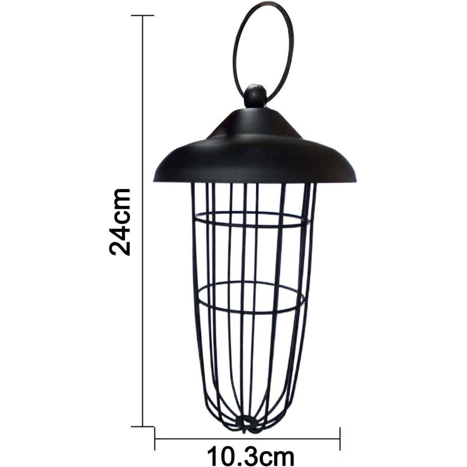 Schwarze Metalldraht-Käfig-Leuchte mit Maßen: Höhe 24 cm und Durchmesser 10,3 cm.