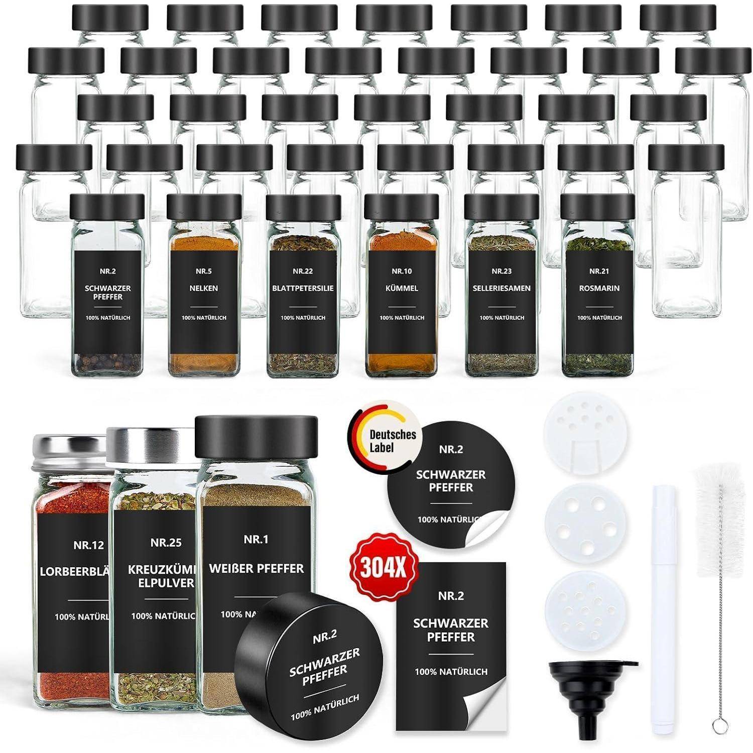 Gewürzgläser Eckig 120ml Streueinsatz Etiketten 36er Schwarz 36er set