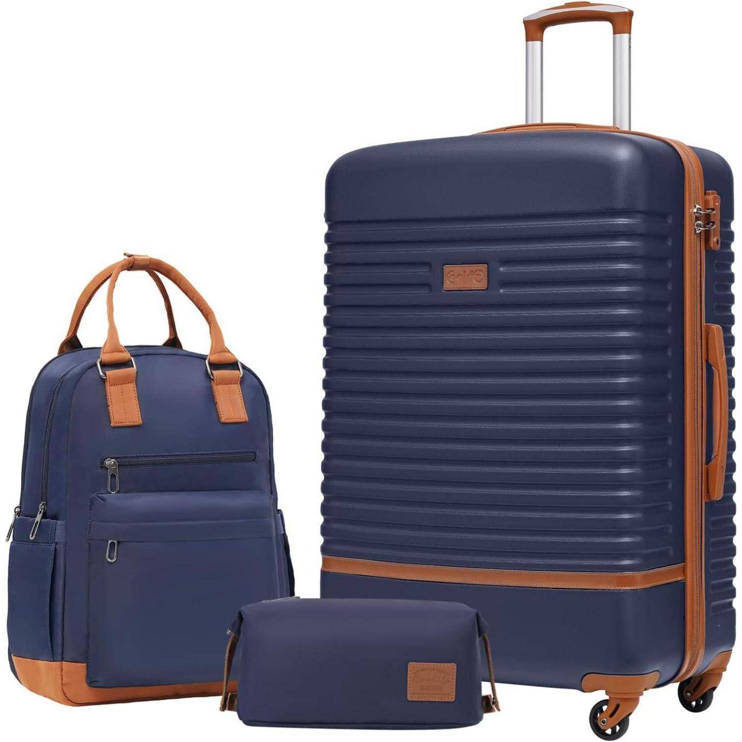 Koffer ABS Hartschale 4 Rollen TSA Großer Koffer-Set 3tlg Blau Braun