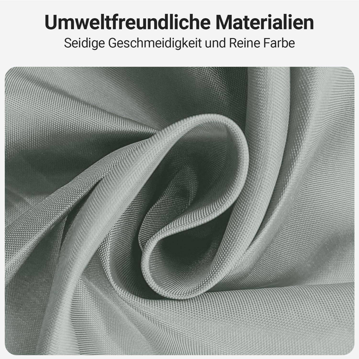 Umweltfreundliche Materialien' über einer Nahaufnahme eines grauen, seidig glänzenden Stoffs, der dessen Textur und Farbe hervorhebt.