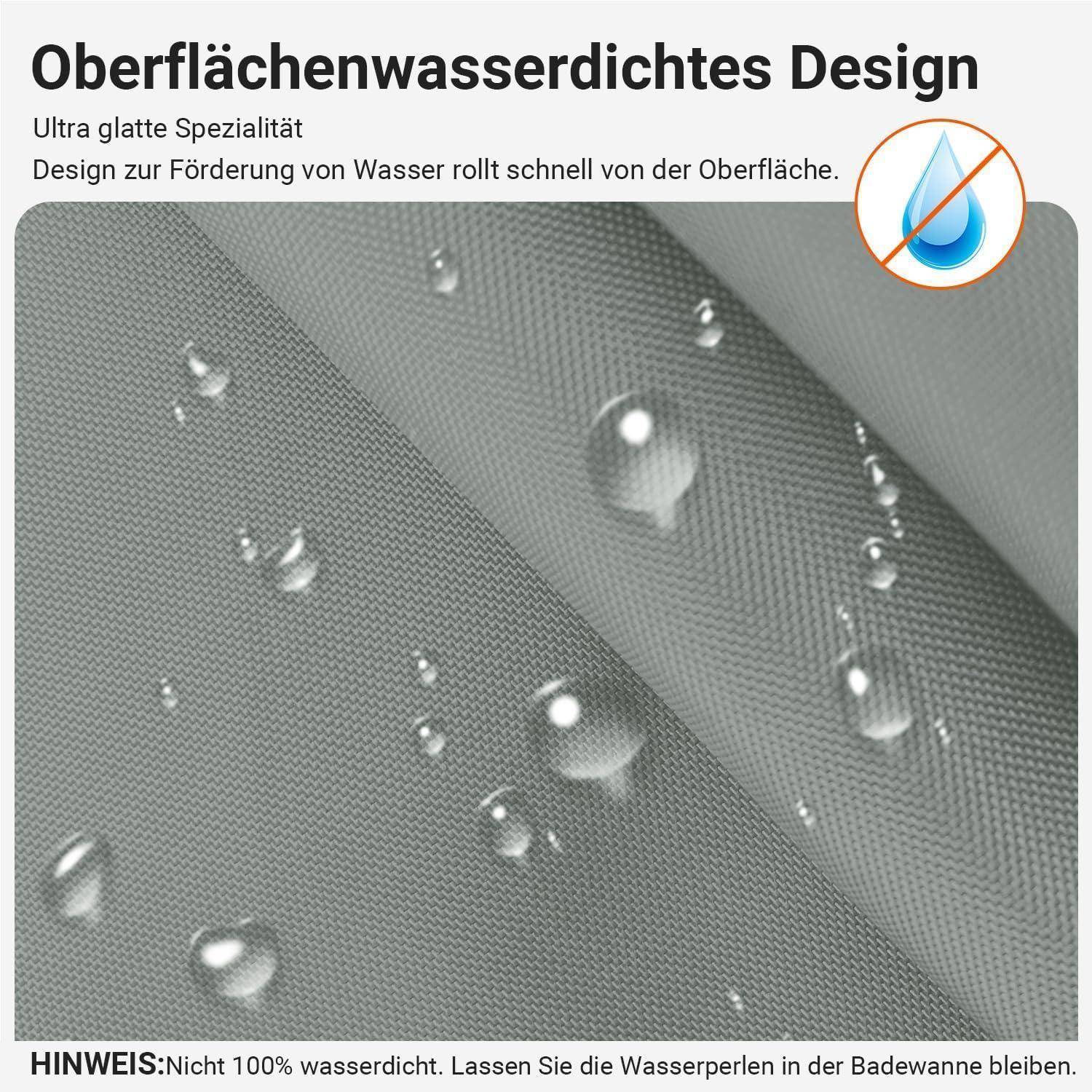 Das Bild zeigt einen wasserabweisenden Stoff mit Wassertropfen auf der Oberfläche und veranschaulicht dessen hydrophobe Eigenschaften. Der Text betont, dass er nicht vollständig wasserdicht ist.