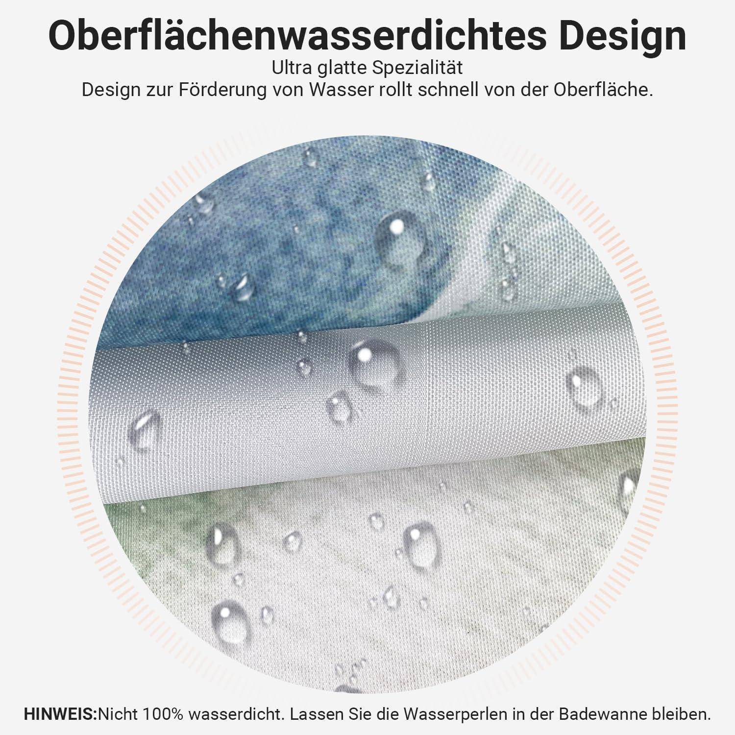 Wasserfestes Gewebe im Nahaufnahme mit Wassertropfen, die von der Oberfläche abperlen. Text hebt hervor 'Ultra-glatte Spezialität' und Notiz darunter gibt an, dass es nicht wasserdicht ist.