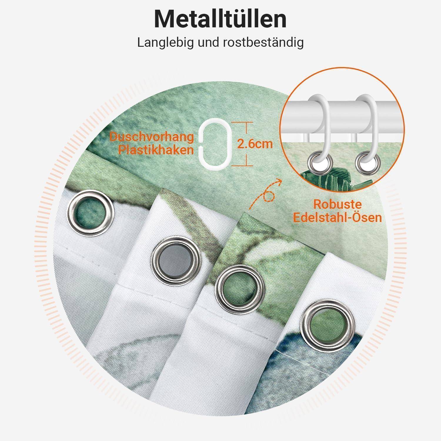 Ein Diagramm zeigt Metallösen an einem Duschvorhang mit strapazierfähigen Stahlringen, die mit 'Robuste Edelstahl-Ösen' beschriftet sind. Kunststoffhaken passen auf 2,6 cm Stangen. Der Text lautet 'Metall-Tüllen, Langlebig und rostbeständig.