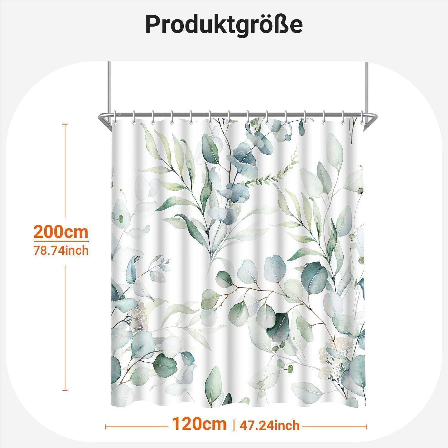 Duschvorhang mit grünem Blattdesign. Abmessungen: 200 cm (78,74 Zoll) hoch bei 120 cm (47,24 Zoll) breit.
