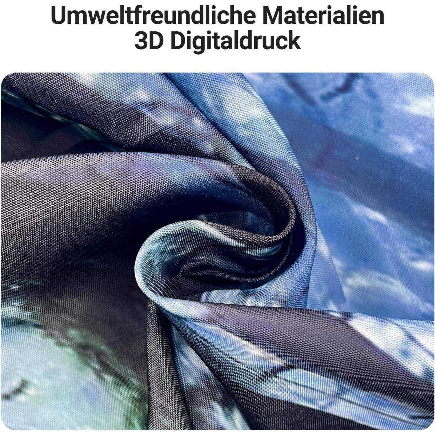Nahaufnahme eines Stoffes mit glänzendem, mehrfarbigem Design, mit der Bildunterschrift 'Umweltfreundliche Materialien 3D Digitaldruck