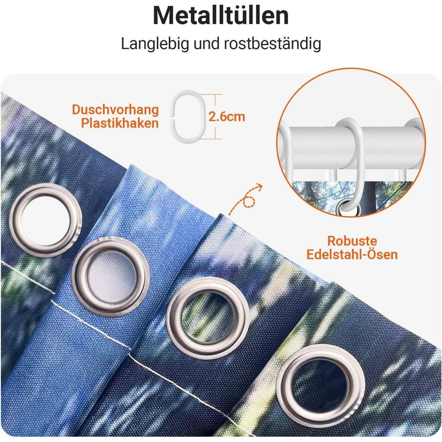 Metalleinsätze auf blauem Stoff zeigen Haltbarkeit und Korrosionsbeständigkeit. '2,6 cm Duschvorhang-Kunststoffhaken', 'Robuste Edelstahleinsätze'.