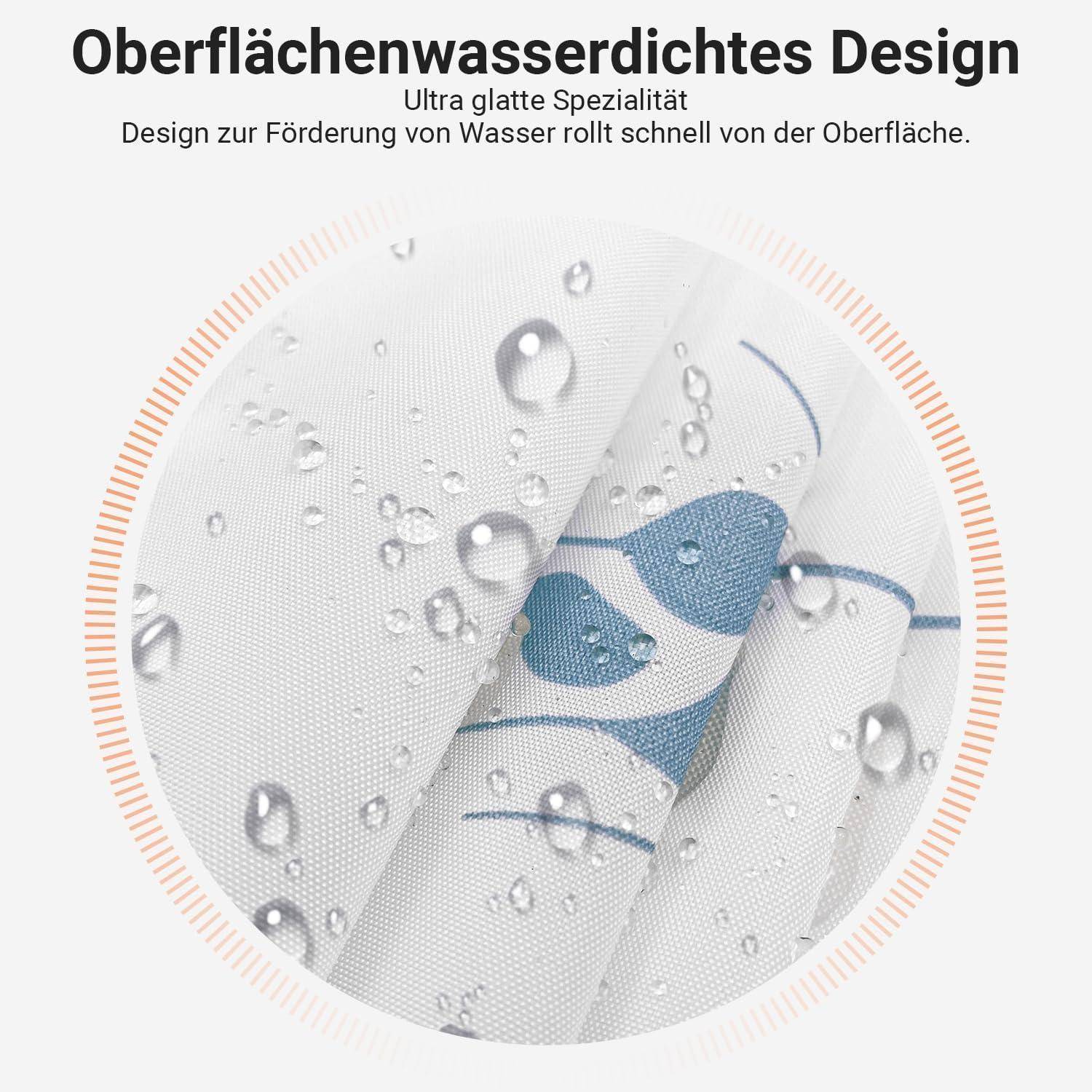 Wasserabweisendes Gewebe in Nahaufnahme mit Wassertröpfchen, das seine glatte Textur zeigt, die entwickelt wurde, um Wasser schnell von der Oberfläche abzuperlen.