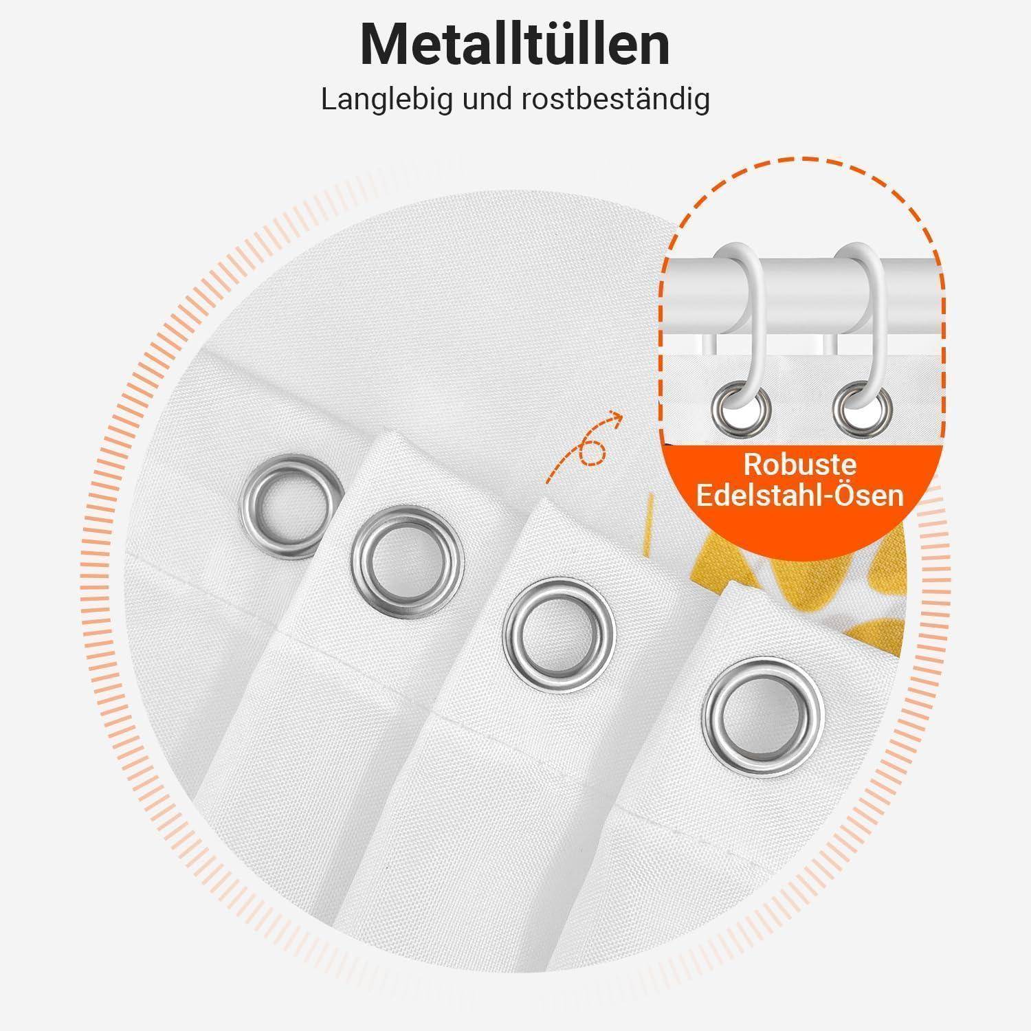 Weißes Gewebe mit Metallösen, gekennzeichnet als 'Metallösen', beschrieben als langlebig und rostbeständig. Der Text betont die robusten Eigenschaften des Edelstahls.