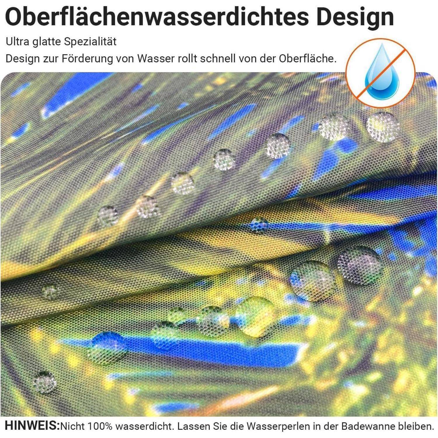 Bild von Wassertropfen auf einer Stoffoberfläche, die ein 'Oberflächenwasserdichtes Design' veranschaulicht. Notizen zeigen schnellen Wasserabfluss, jedoch nicht 100% wasserdicht.