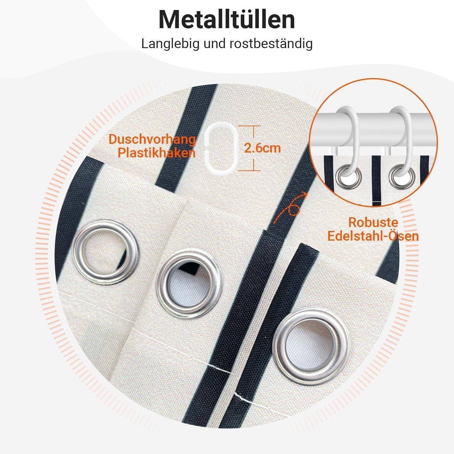Duschvorhang mit 'Metalltüllen' und 'Duschvorhang Plastikhaken 2.6cm', ausgestattet mit 'Robusten Edelstahl-Ösen' für Langlebigkeit und Rostbeständigkeit.